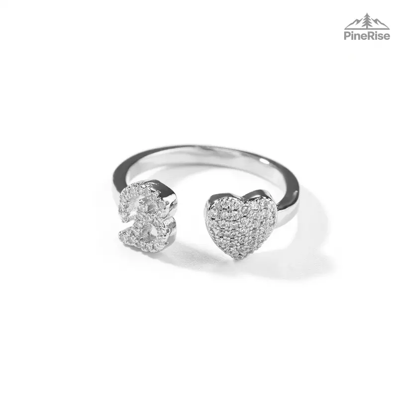 Gold Pave Letter S Heart Open Ring, Cubic Zirconia Adjustable Initial Statement Ring For Women