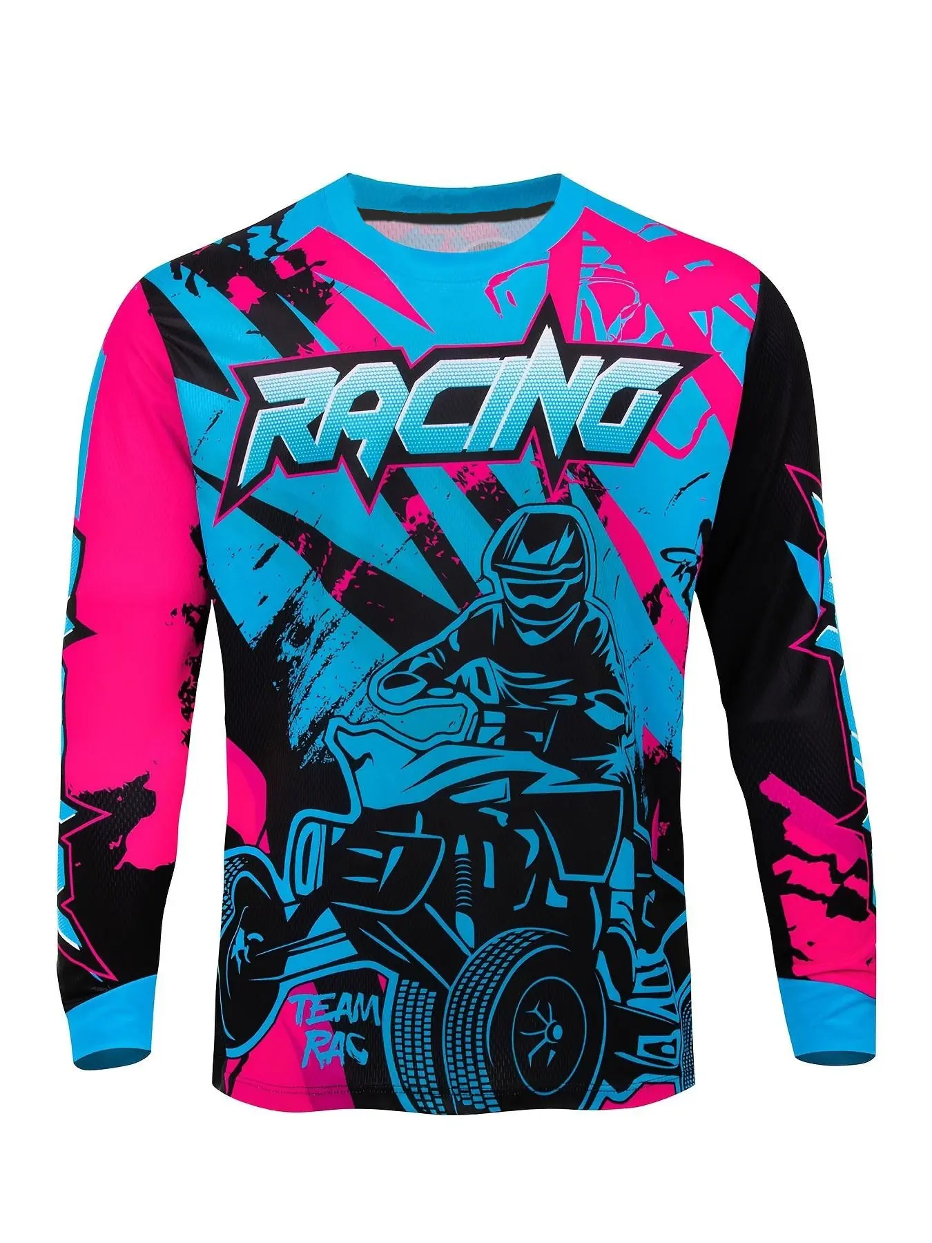 Men's Off-Road Cycling Long Sleeve Outdoor Sports Top, Racing Text and Quad Bike Print, Blue Graffiti Style, Casual Loose-Fit, All Seasons, Cycling Shirt