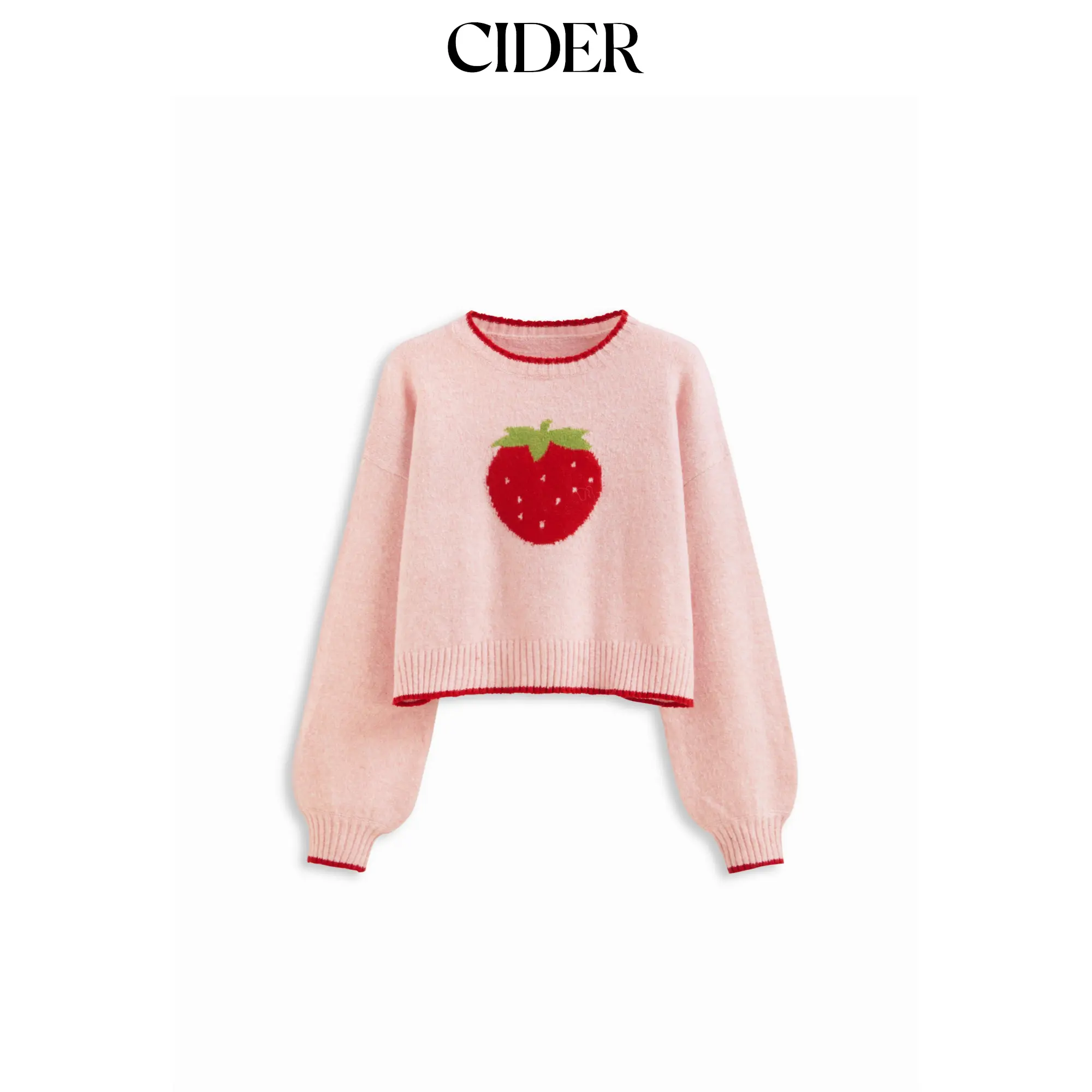 Cider Knit Strawberry Pattern Contrasting Binding Round Neckline Long Sleeve Oversized Top SummerFinds