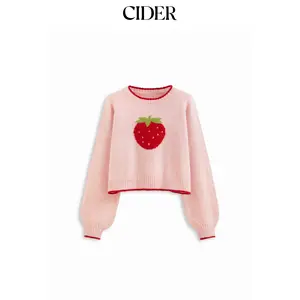 Cider Knit Strawberry Pattern Contrasting Binding Round Neckline Long Sleeve Oversized Top Dealsforyou