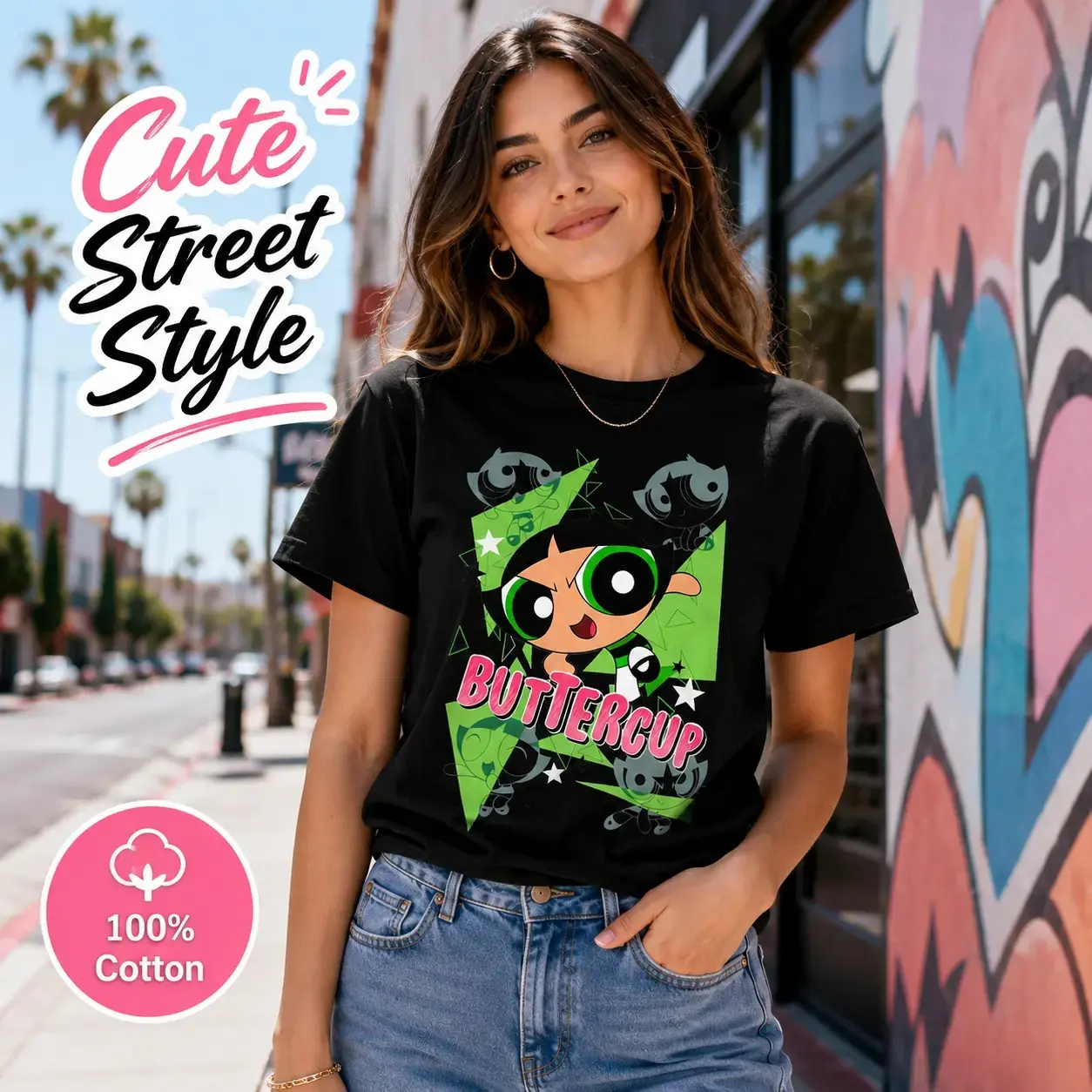 Women's 100%  Fitted Round Neck Short-Sleeve The Powerpuff Girls Buttercup Graphic Tee, Casual Streetwear Summer Women's T Shirts Clothes