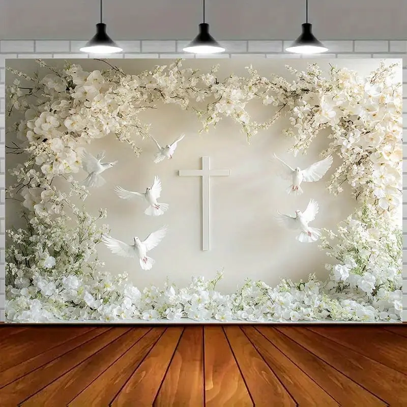 White Floral Cross Dove Backdrop Banner Elegant Faith Style Tapestry Wall Hanging Photography Background Polyester Fiber for Baptism First Communion Tailgate Party Decor