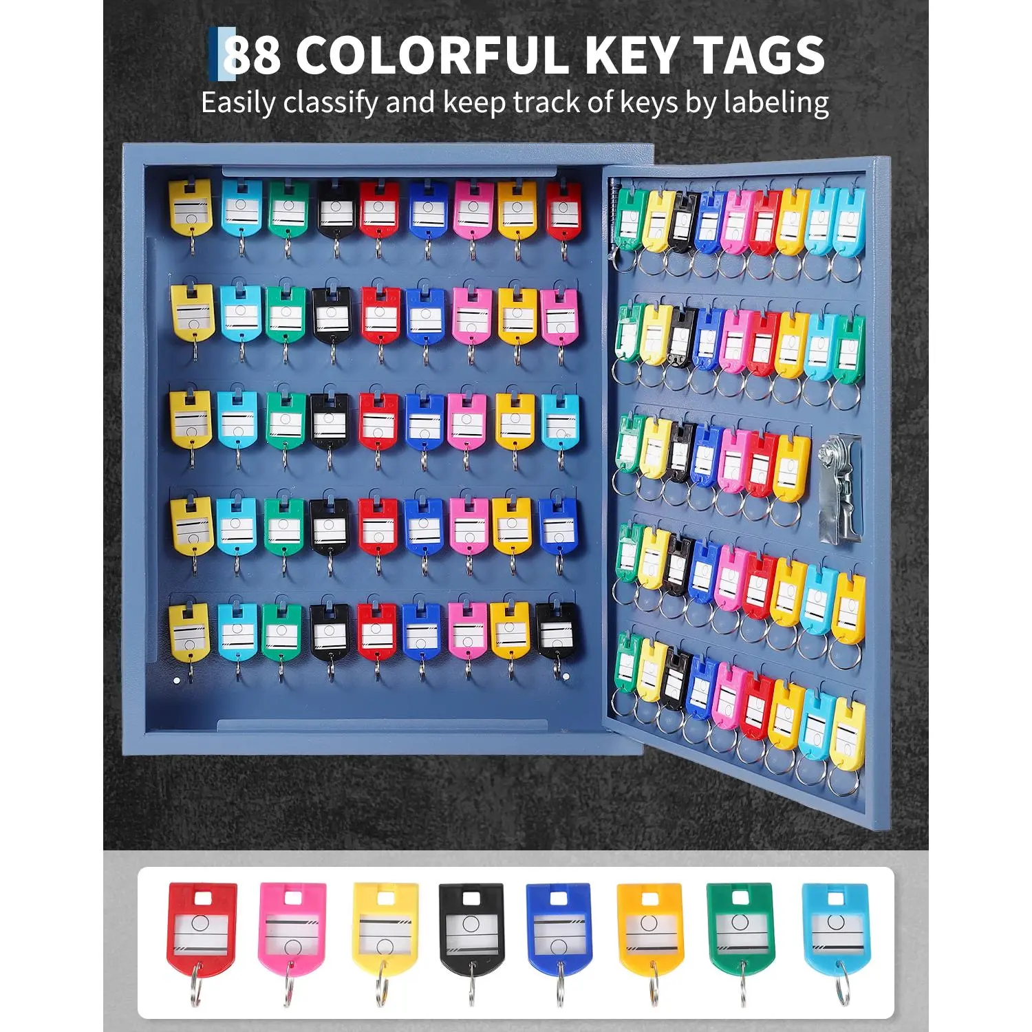 Keys Cabinet Organizer, Wall Mount Steel Key Lock Box with 2 Keys, Hooks & Colored Tags, Secure Key Storage