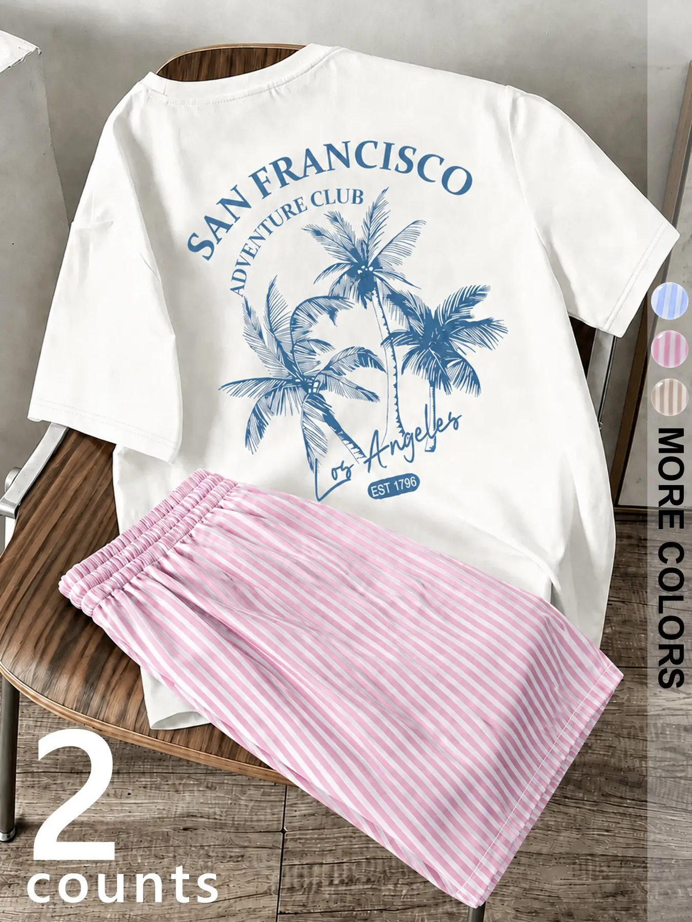 Women's Loose Fit Graphic Tee and Striped Short Pants Set Casual Spring & Fall Fashion, Comfortable Campus Style, Trendy Streetwear, School