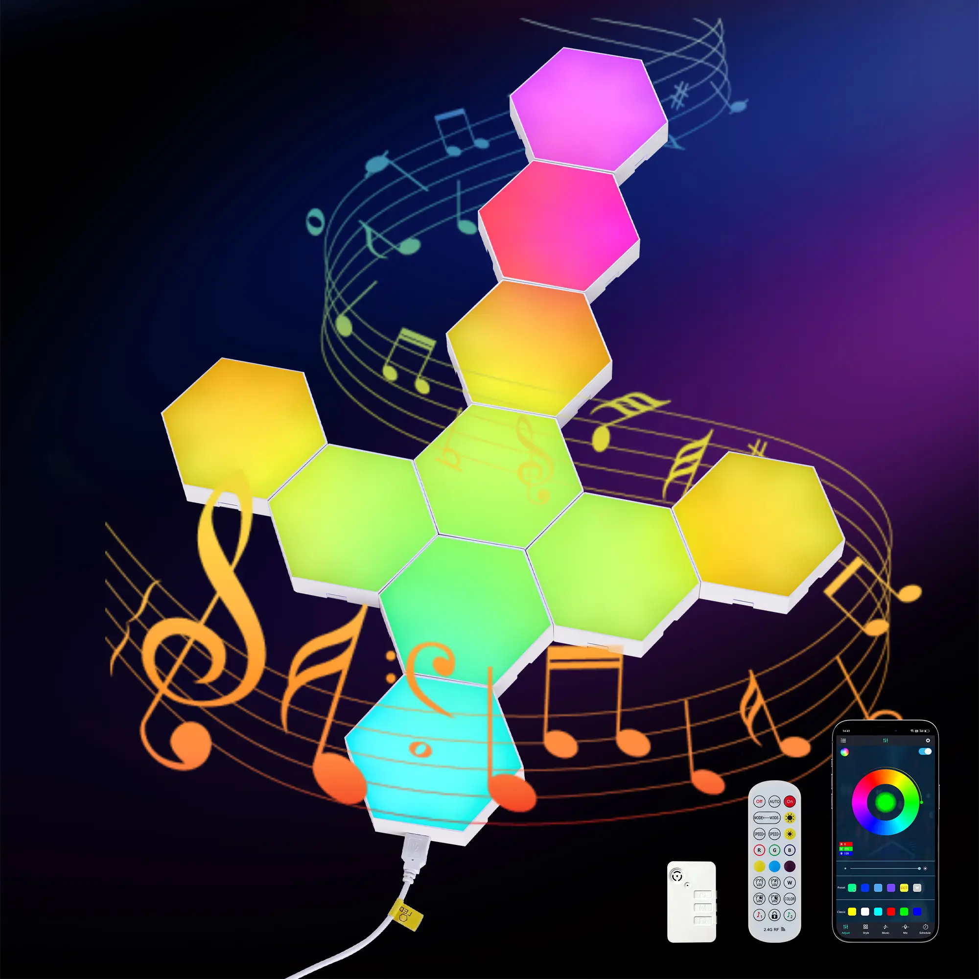 RGB Hexagon LED Wall Lights 10 Pack, Smart Gaming Wall Panels with App & Remote, Music Sync Modular Lights for Bedroom, Game Room & Desk Decor