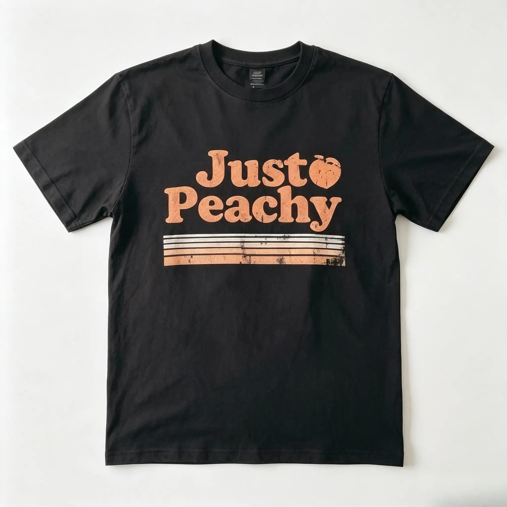 Just Peachy Retro Peach Text Striped Graphic Cotton T‑Shirt, Oversized Comfort Fashion Outfit, Cute Vintage Casual Top, Ideal Holiday Gift for Family & Best Friends