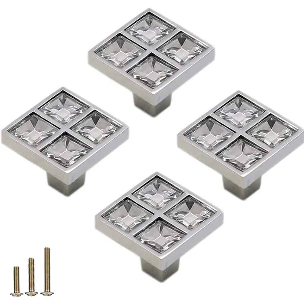 4 Pack Square   Glass Rhinestone Cabinet Knobs Pulls Handle,Modern Decorated Shiny Dresser Drawer Konbs Handles for Cupboard Wardrobe Dresser (Square Single Hole, 4 Pack)