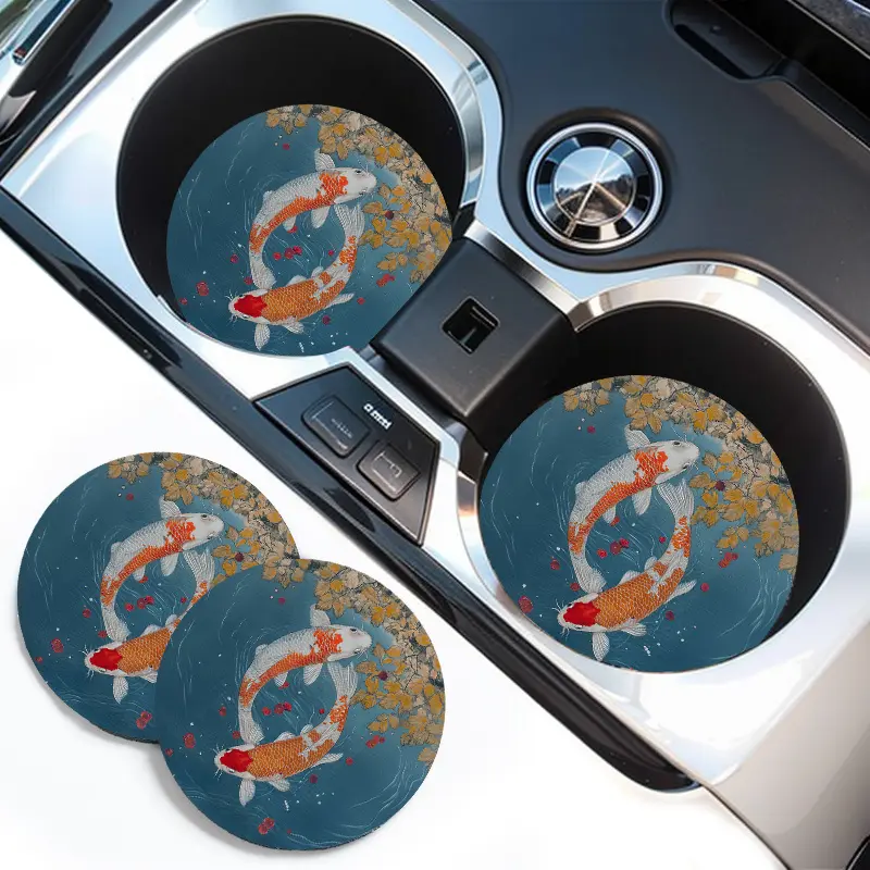 2pcs Set of Fish Pattern Car Coasters, Universal Vehicle Cup Coasters, Anti-Slip Water Coasters with Printed Designs