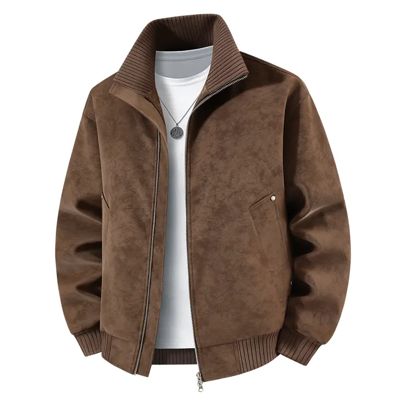 Men's Faux Suede Bomber Jacket Ribbed Stand Collar Harrington Coat Luxury Velvet Texture Full Zip Outerwear Classic Rib-Knit Trim Pockets Slim Fit Solid Casual Business Casual Blends Smart Everyday Attire Modern Gentleman Apparel Fashion Outfits