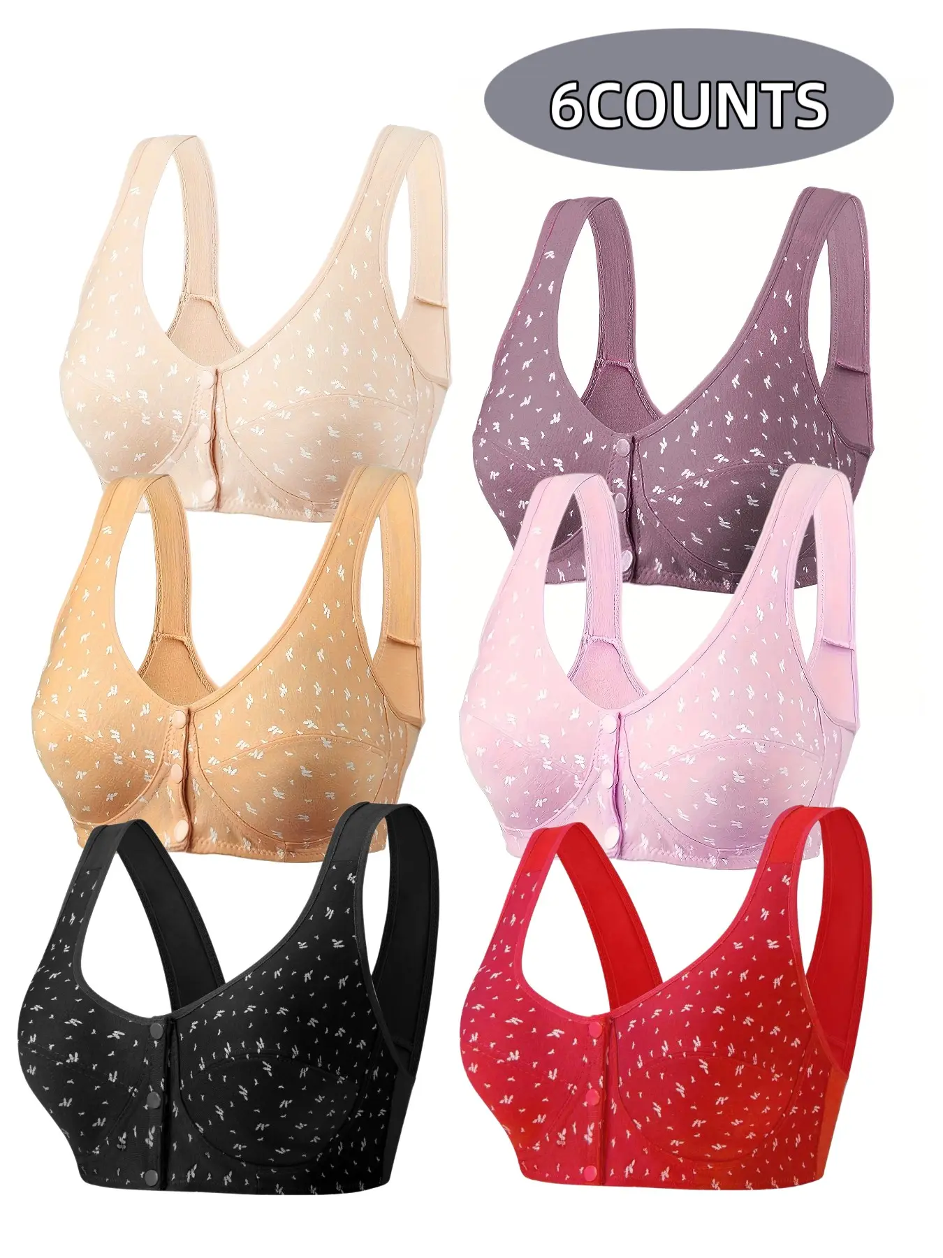 6-Pack Thin Lace Floral Bra Set, Wireless Comfortable Breathable Bras, No Underwire Push-Up Full Coverage, Elderly Friendly Front Buckle Design