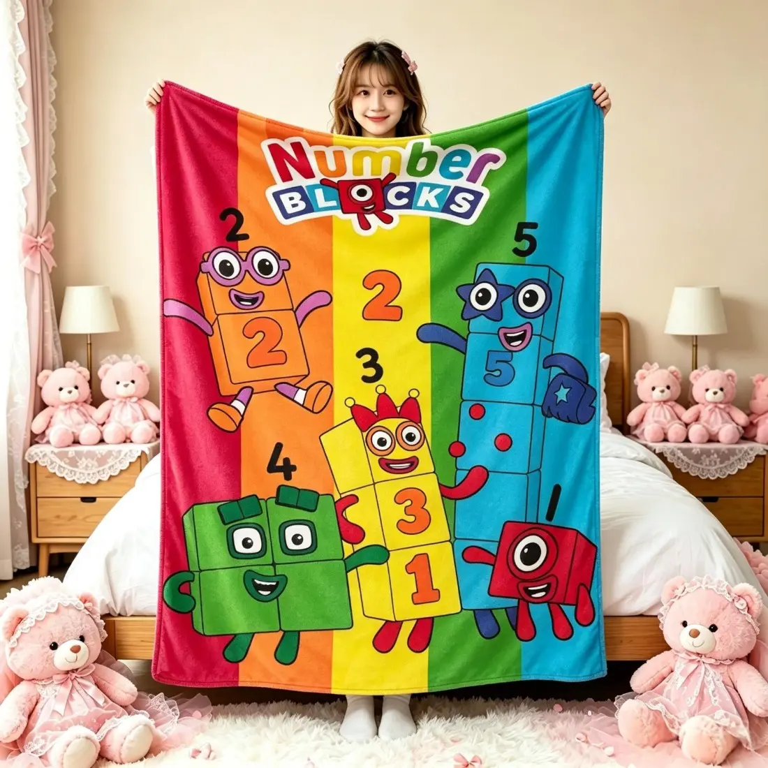 Numberblocks Classic Flannel Weave Throw Blanket, Cartoon Print 1-5 Number Educational Blanket, Soft Warm All-Season Cover for Home/Travel Indoor Use, Ideal Birthday Holiday Gift for Toddlers