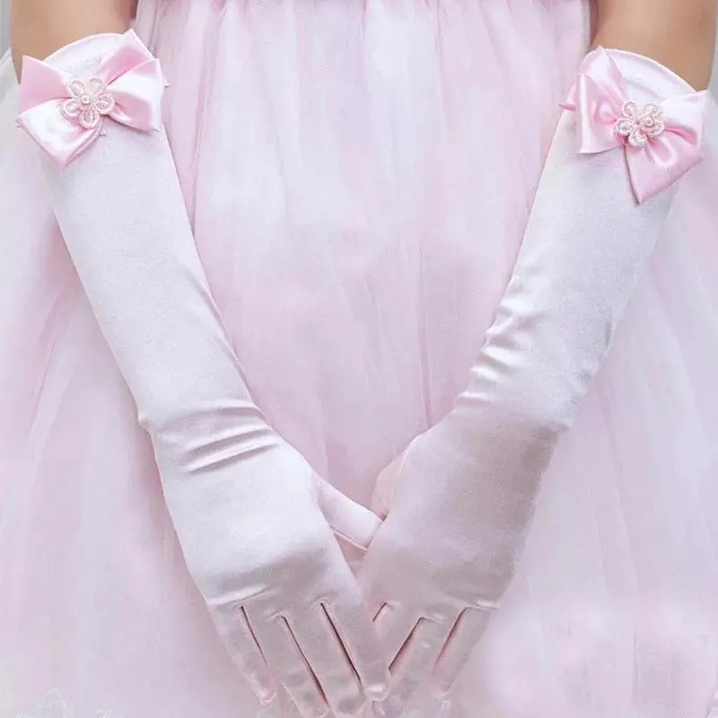 4-13Y Children Satin Bow Gloves Girls Flower White Pink Gloves Princess Birthday Glof Student Etiquette Stage Performance Glof