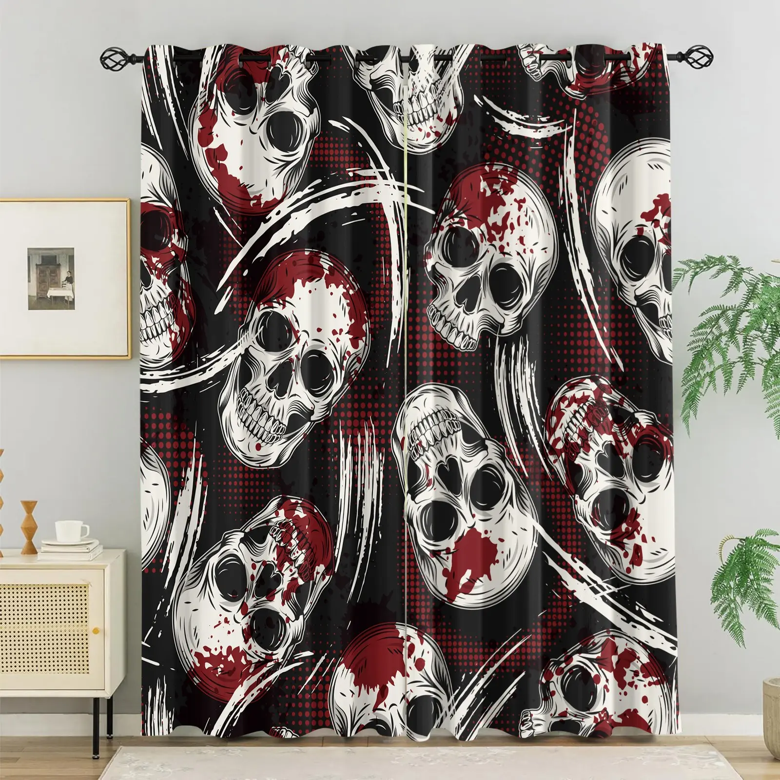 2 Pcs Halloween Curtains for Living Room Gothic Blood‑Splatter Skull Curtains 52 x 84 Inches Horror Skeleton Graffiti Window Drapes Bedroom Window Party Decor, Gothic Halloween Lover Gift