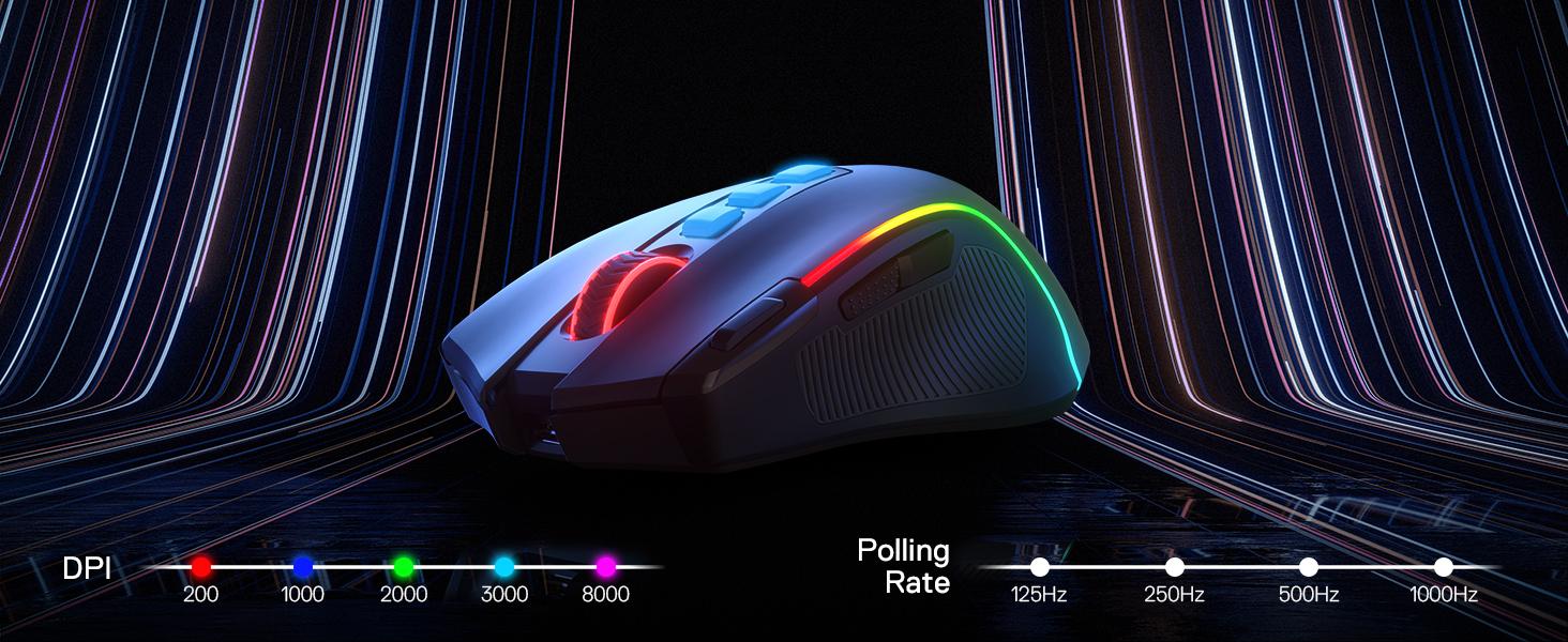 Redragon M612 PRO RGB Gaming Mouse, 8000 DPI Wired/Wireless Optical Gamer Mouse with 9 Programmable Buttons & 7 Backlit Modes, BT & 2.4G Wireless, Software Supports DIY Keybinds Rapid Fire Button