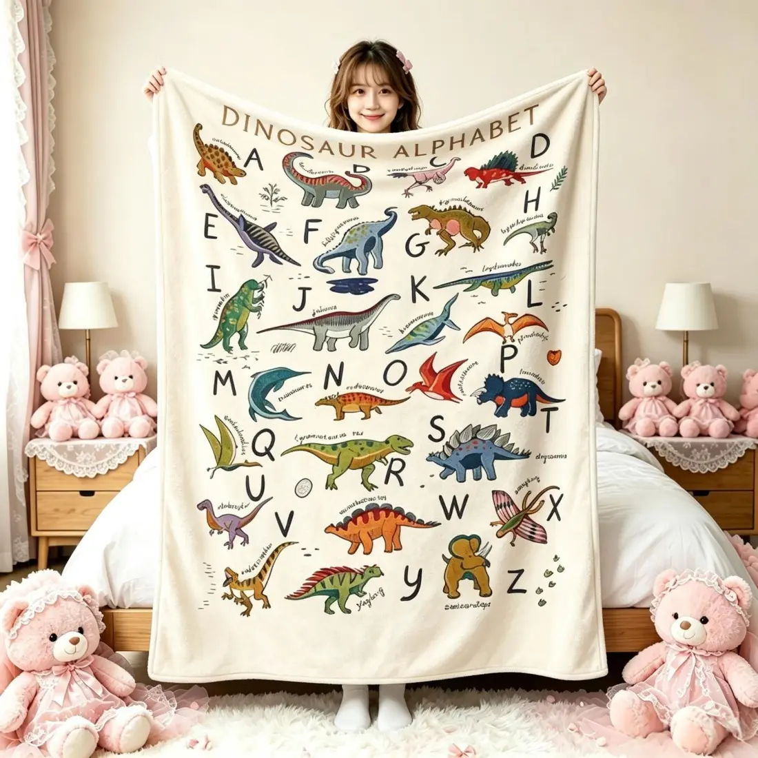 Dinosaur Alphabet Educational Flannel Throw Blanket, Multi-Color Cartoon Dinosaur ABC Print Soft Fleece Blanket, All-Season Cozy Cover For Kids Bedroom Sofa Nap, Perfect Baby Shower Birthday Gift For Toddler Boys Girls