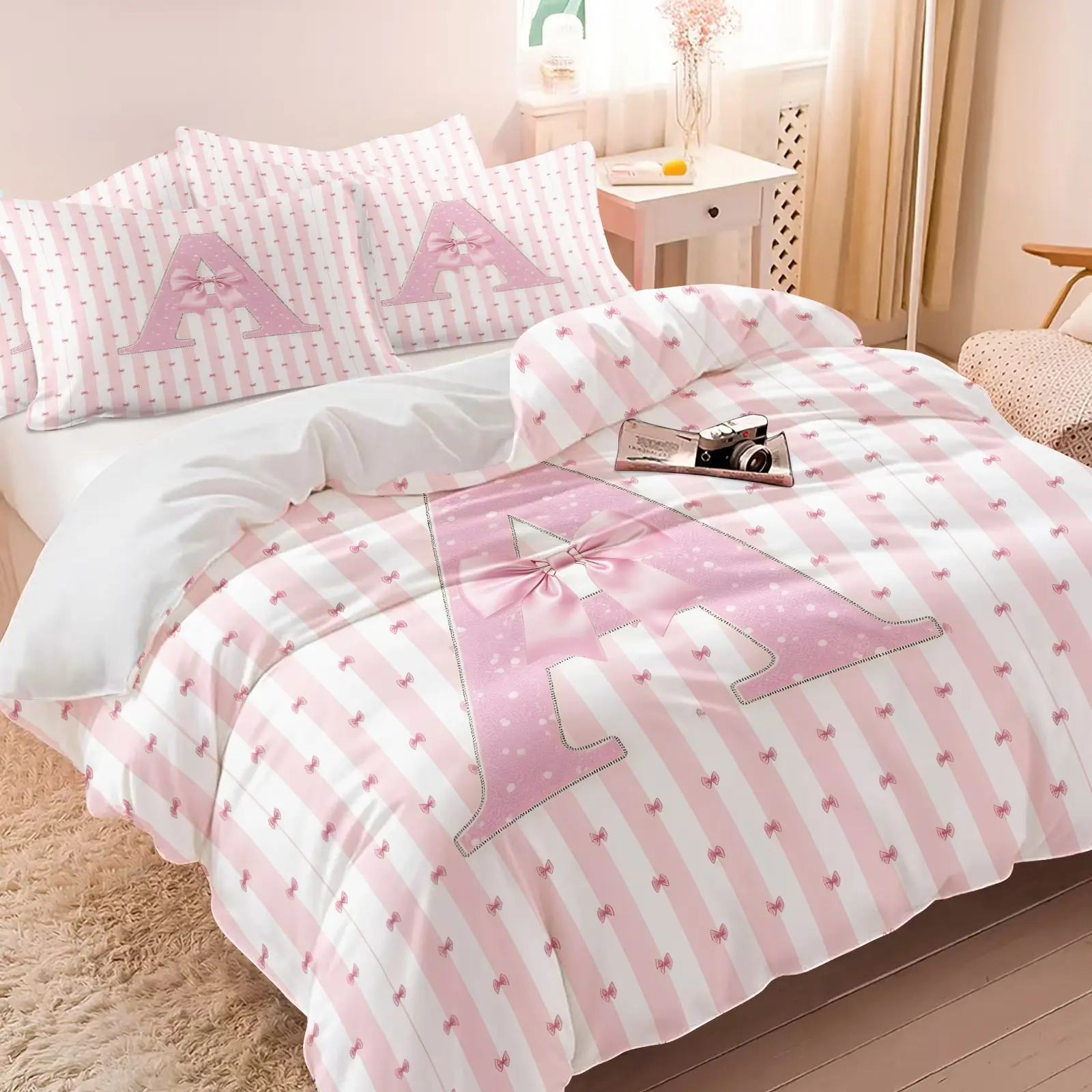 Pink Stripe Bow Letter A-Z Print Duvet Cover Set, 1 Duvet Cover & 1/2 Pillowcases No Filling, Cute Initial Alphabet Bedding Set, Soft Microfiber, Coquette Decor Gift for Teen Girls Bedroom Dorm
