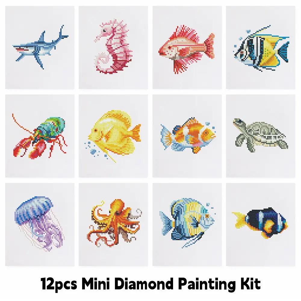 12pcs Mini Diamond Painting Kit, Marine Animals, Marine Themes, Shark Turtle Cartoon Patterns, 15×18cm Full Diamond Art Set, DIY Crafts for Wall Decor, Beginners & Adults, Handmade Hobby Gift Home Decoration