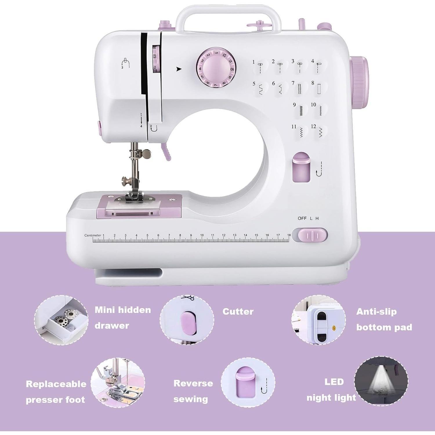 Sewing Machine with Foot Pedal for Beginners,mini Sewing Machine, Forwards and reverse sewing, Manual in 5 Languages, 12 Stitches  FHSM-505