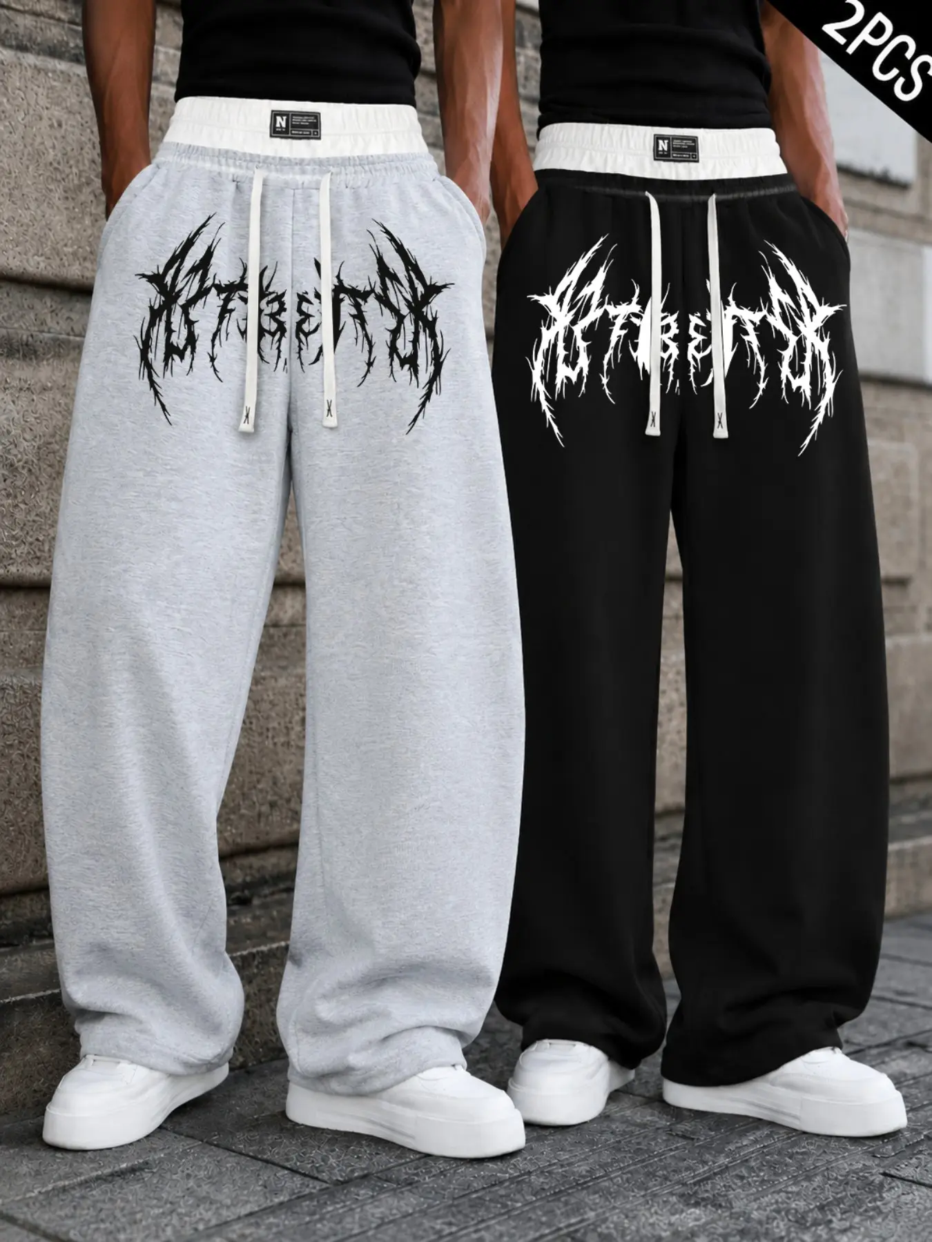 Unisex Dark Grunge Hip Hop Sweatpants 2 Pack, Elastic Drawstring White Contrast Waistband Wide Leg Pants, Oversized Metal Gothic Spike Font Graphic Streetwear Trousers, Comfort Casual Pants for Campus Hangout Skateboarding Urban Fashion