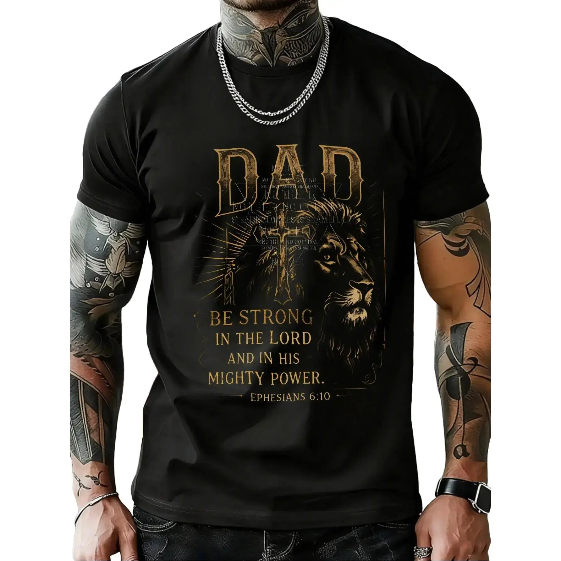 Unisex Classic Cotton Crew Neck Short‑Sleeve T‑Shirt - Men's Vintage Lion & Cross Christian‑Dads‑Focused Graphic Print, Long‑Lasting‑Print Casual Streetwear Novelty Top, Unisex Sizes Available