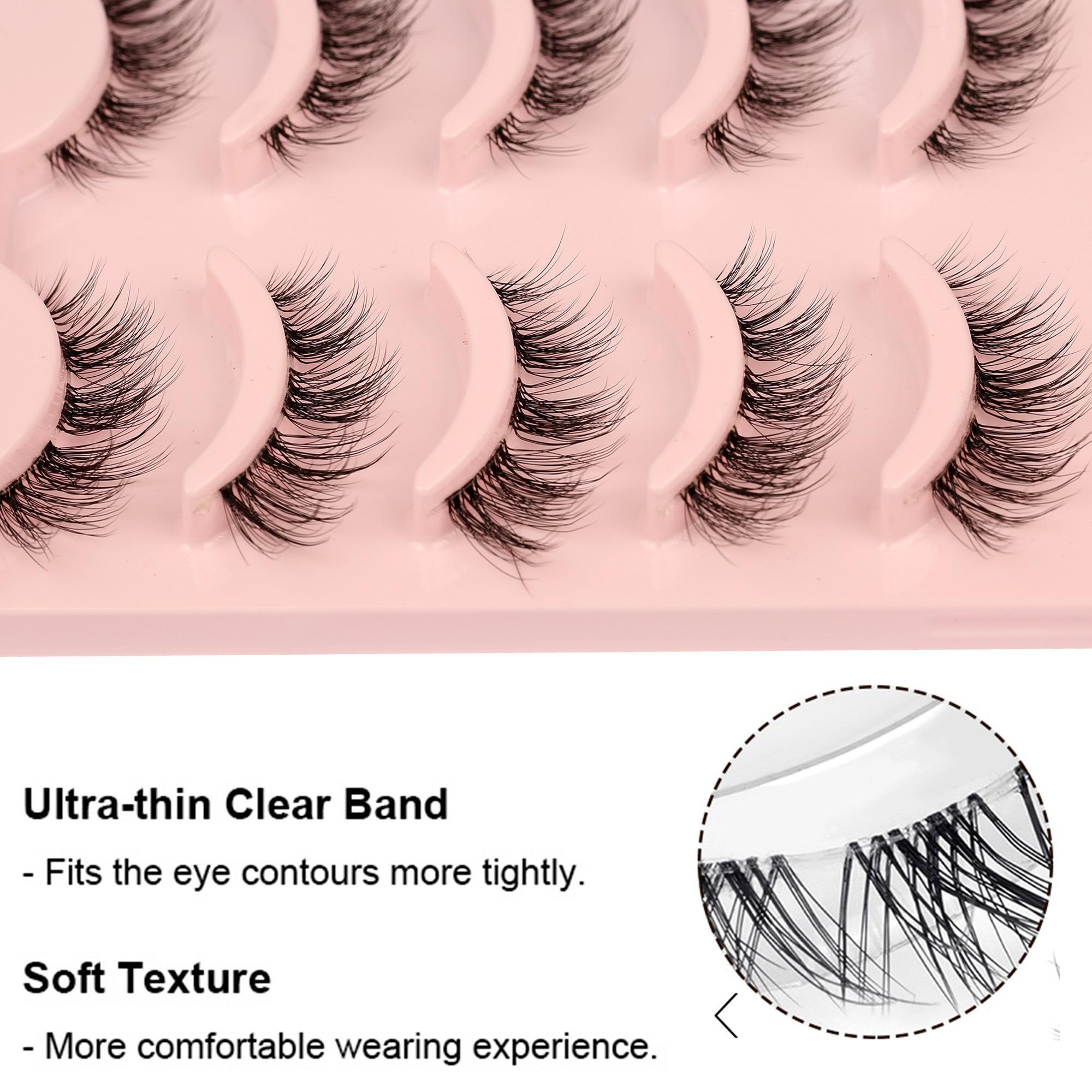 Lightweight Cat Eye Flare Lashes, 5 Pairs Transparent Stem Wispy Natural Curling Eye Makeup Strip Lashes, Volumized False Eyelashes