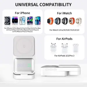 Foldable 3-in-1 Magnetic Wireless Charging Station with Built-in Digital Clock Fast Qi Charger Dock Compatible for Iphone Apple Watch Airpods Portable Multi Device Charging Stand for Desk Home Office Travel