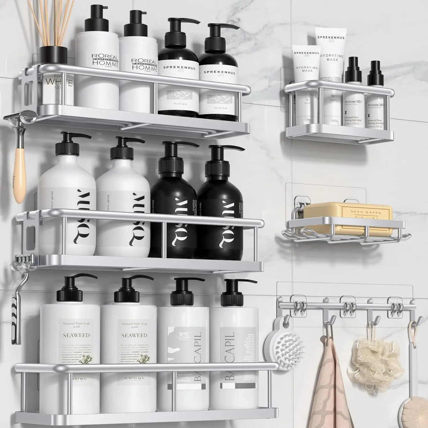 Shower Caddy Adhesive, Rustproof Shower Organizer with Soap Holder, Large Capacity Shower Shelves for Inside Shower, No Drilling Bathroom Organizers and Storage for Home Decor(6 Pack Silver)