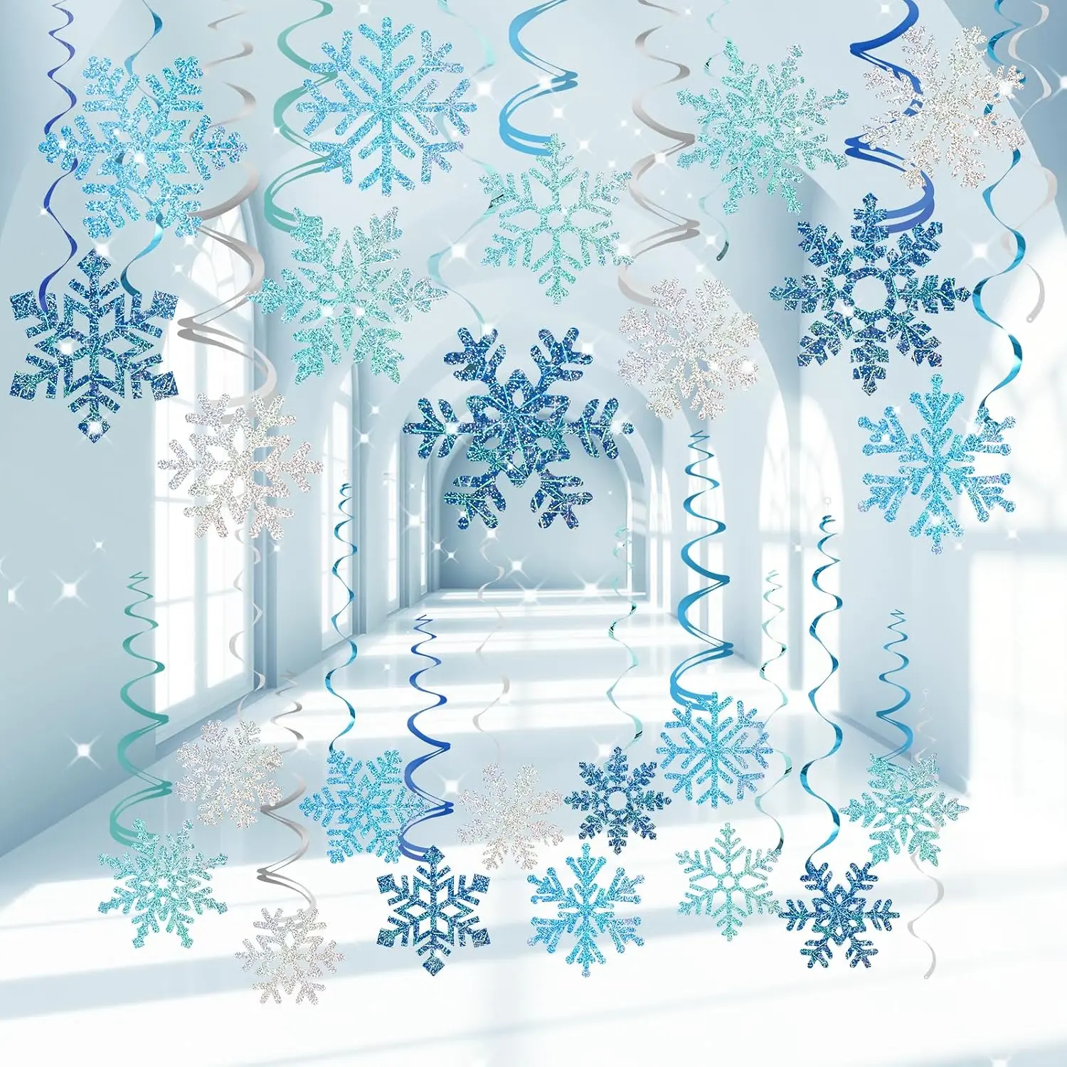 Modern 30-Count Blue Glittery Metal Foil Snowflake Decorations, Ceiling Hang Swirly Shapes with Varied Sizes, Christmas & Frozen Wonderland Party Festive Decor