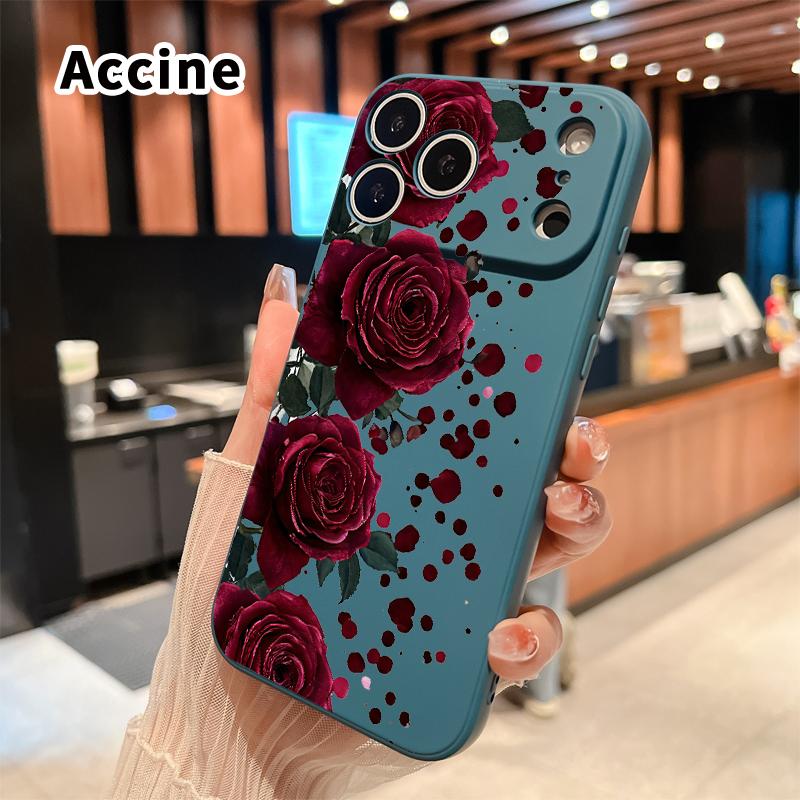 Straight Edge Phone Case for iPhone 17 15 16 14 Pro Max 13 12 11 XR XS Plus Air E Blooming Ruby Roses Pattern Anti-Scratch Shockproof Soft Liquid Silicone Protective Cover Smartphone Casing