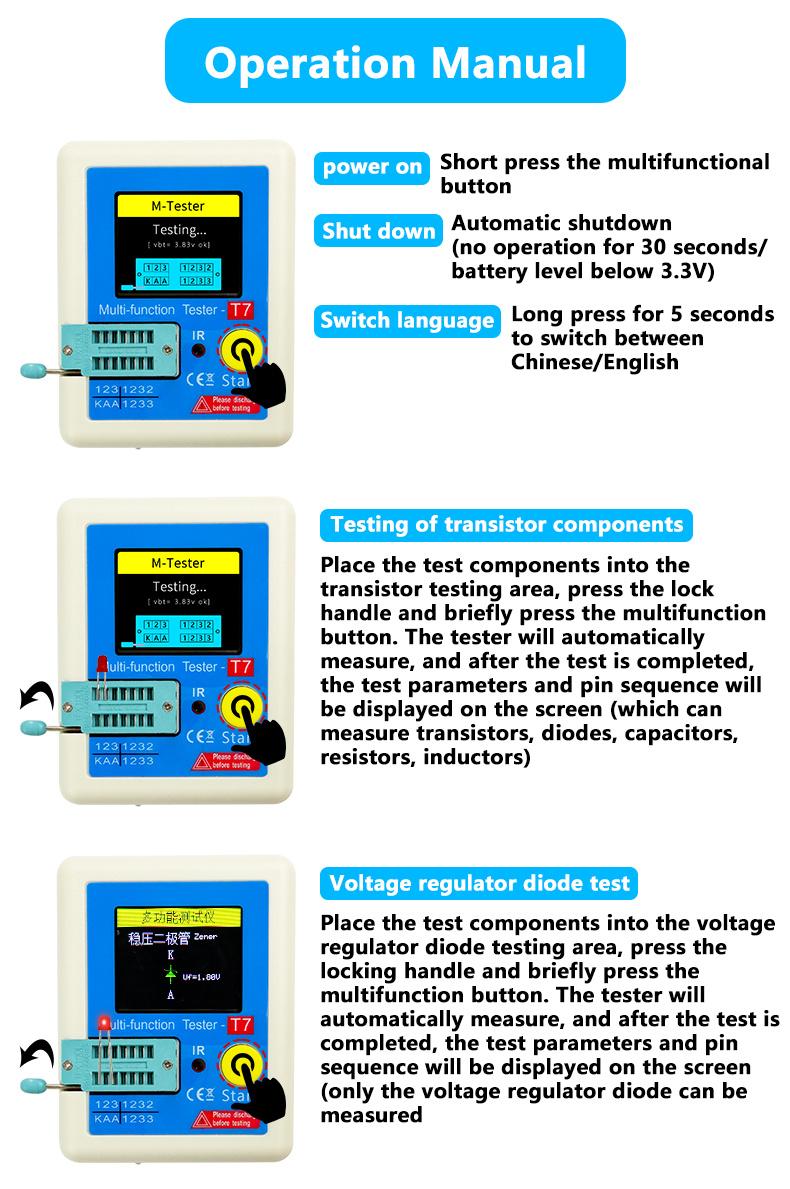 Transistor tester with true-color screen, one-button testing of MOS, diodes, capacitors, and ESR; multi-functional multimeter. A must-have tool for electronics engineers.