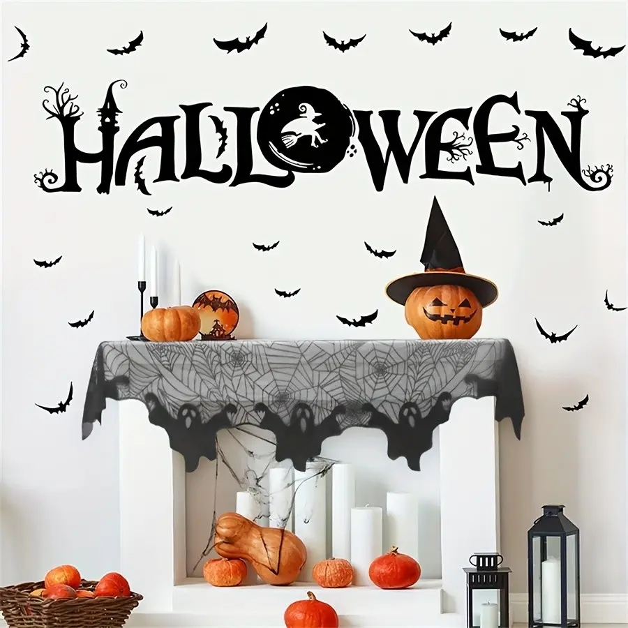 Spooky Gothic Mantel Decor Wrap, Black Spiderweb Raschel Lace Runner Scarf for Fireplace Shelf, Halloween Creepy Indoor Ornament Supplies
