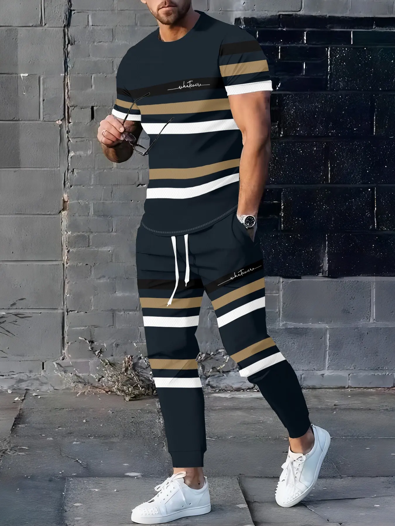 Men's Striped Sportswear Set, Casual Short Sleeve Long Pants Two-Piece Set, Comfortable Breathable Fashion Pair, All-Season Wear