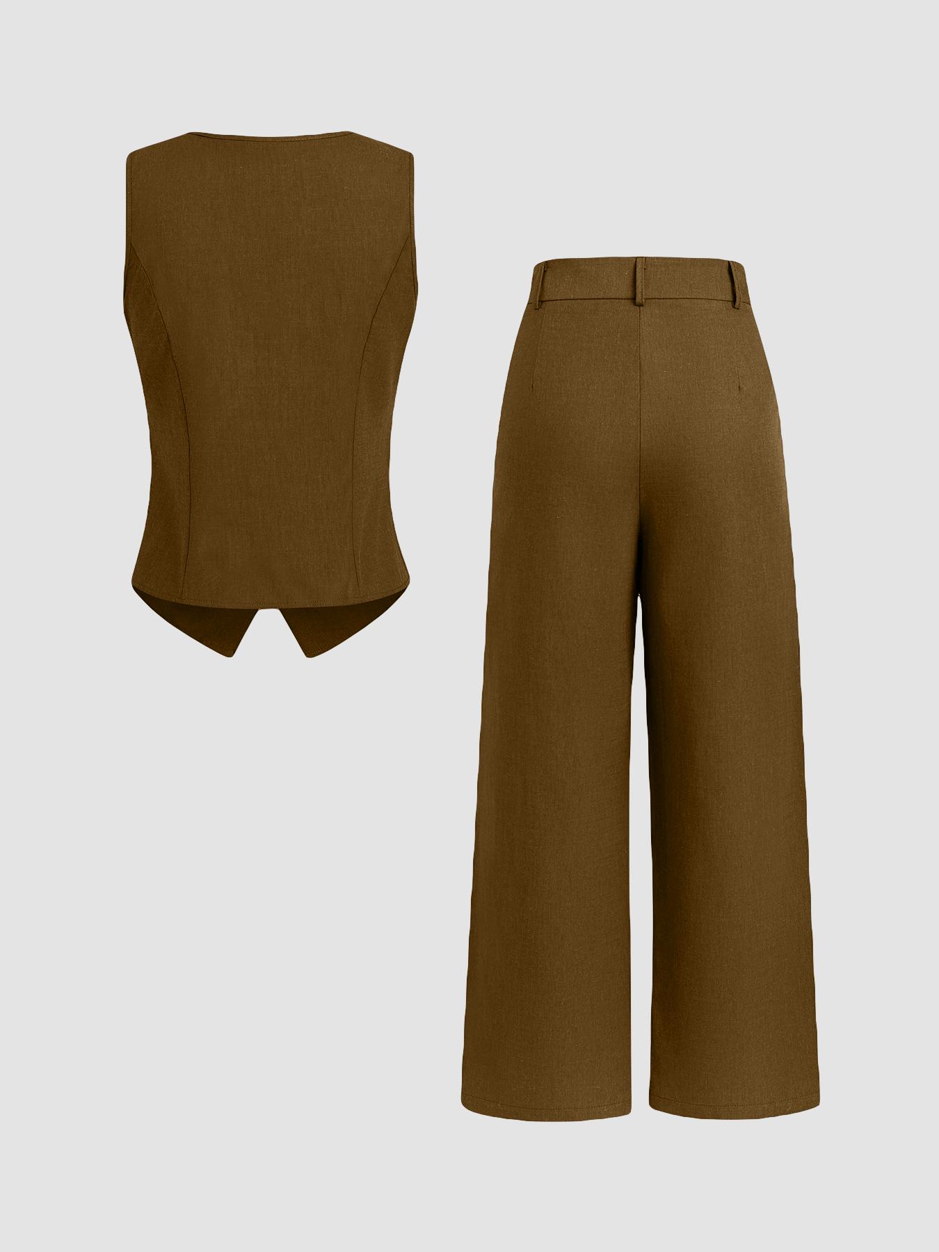 Classic Suit Set, Two Piece Set Solid Color Vest & Wide Leg Pants Elegant Fitted Fashion Casual Work Office Business Suits for Summer Fall Y2K, On The Go, Beach Ready, Relaxed Fit, Chic, Slim, Coastal Style