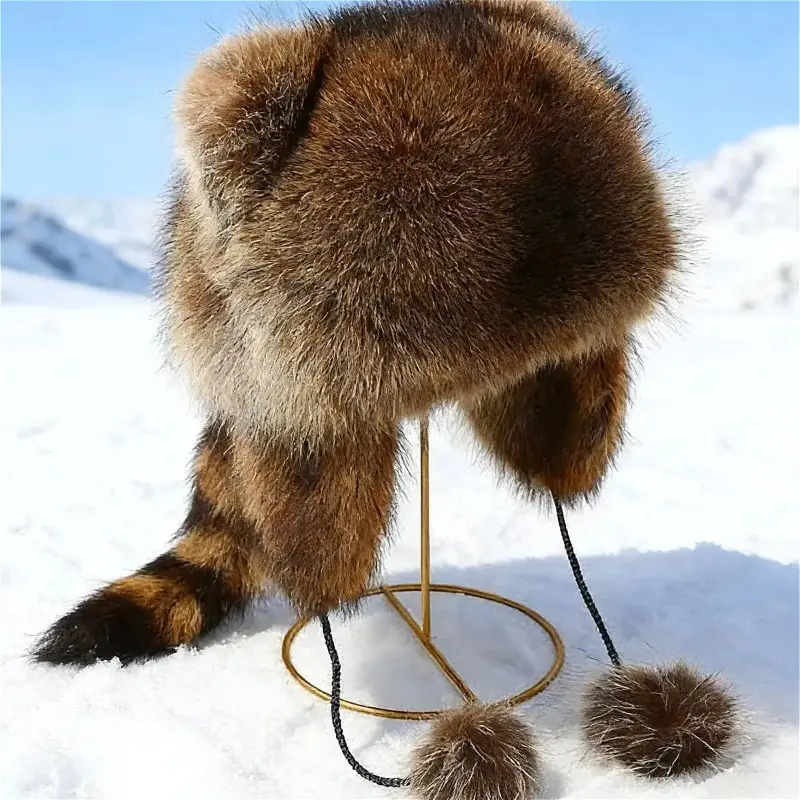 Unisex Wool Plain Raccoon Tail Mood Hat With Detachable Fluffy Earmuffs, Retro Y2K Cozy Cottagecore Winter Headwear, Machine Washable For Outdoor Casual Wear