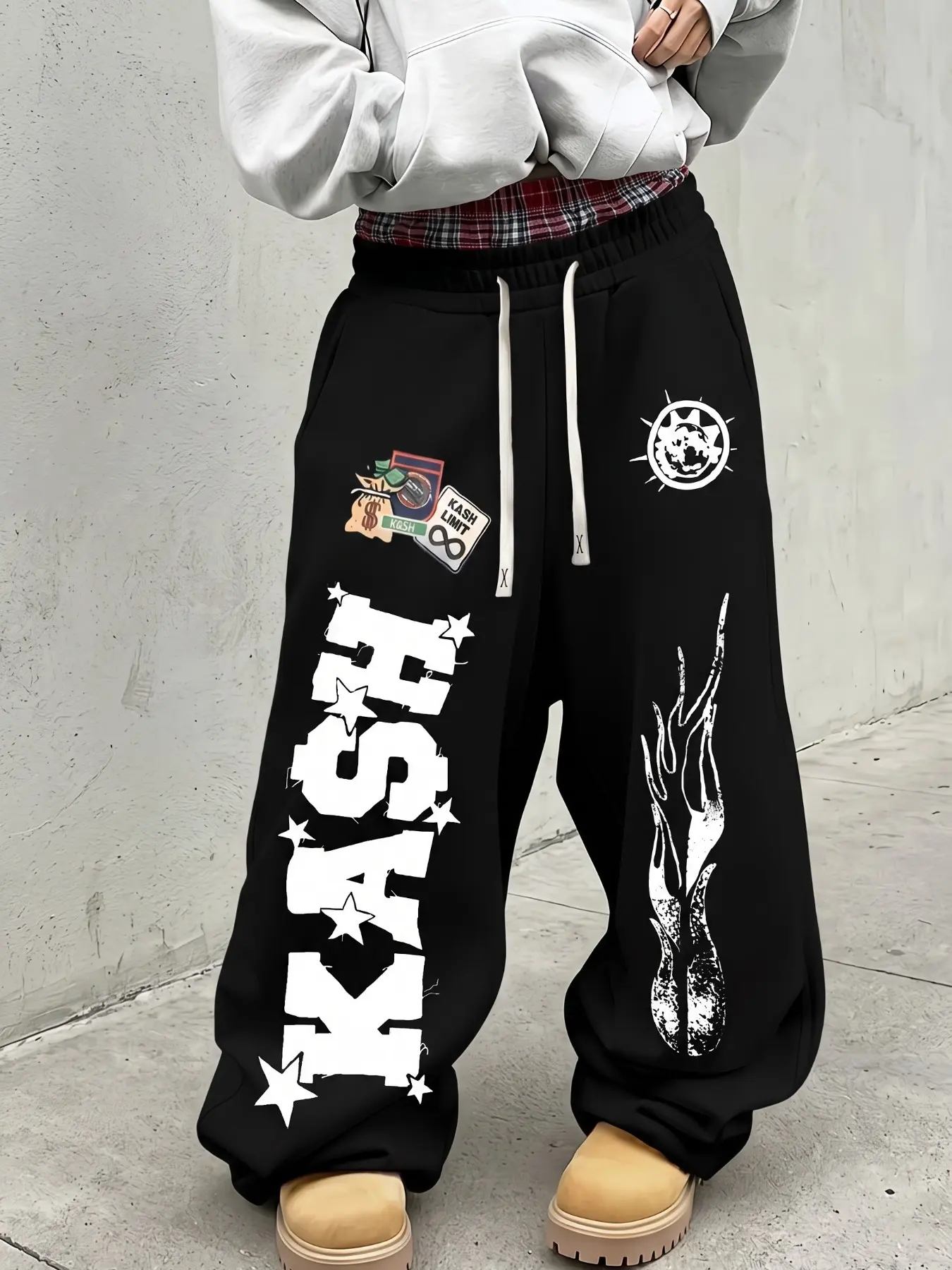 Men Women Wide Leg Sweatpants, Plaid Waist KASH Letter Star Flame Graphic Print Baggy Casual Pants, Y2K Hip Hop Streetwear, menswear clothing, ropa caballero hombre, unisex outfits, street fashion trousers, Daily Casual Hip Hop Bottoms