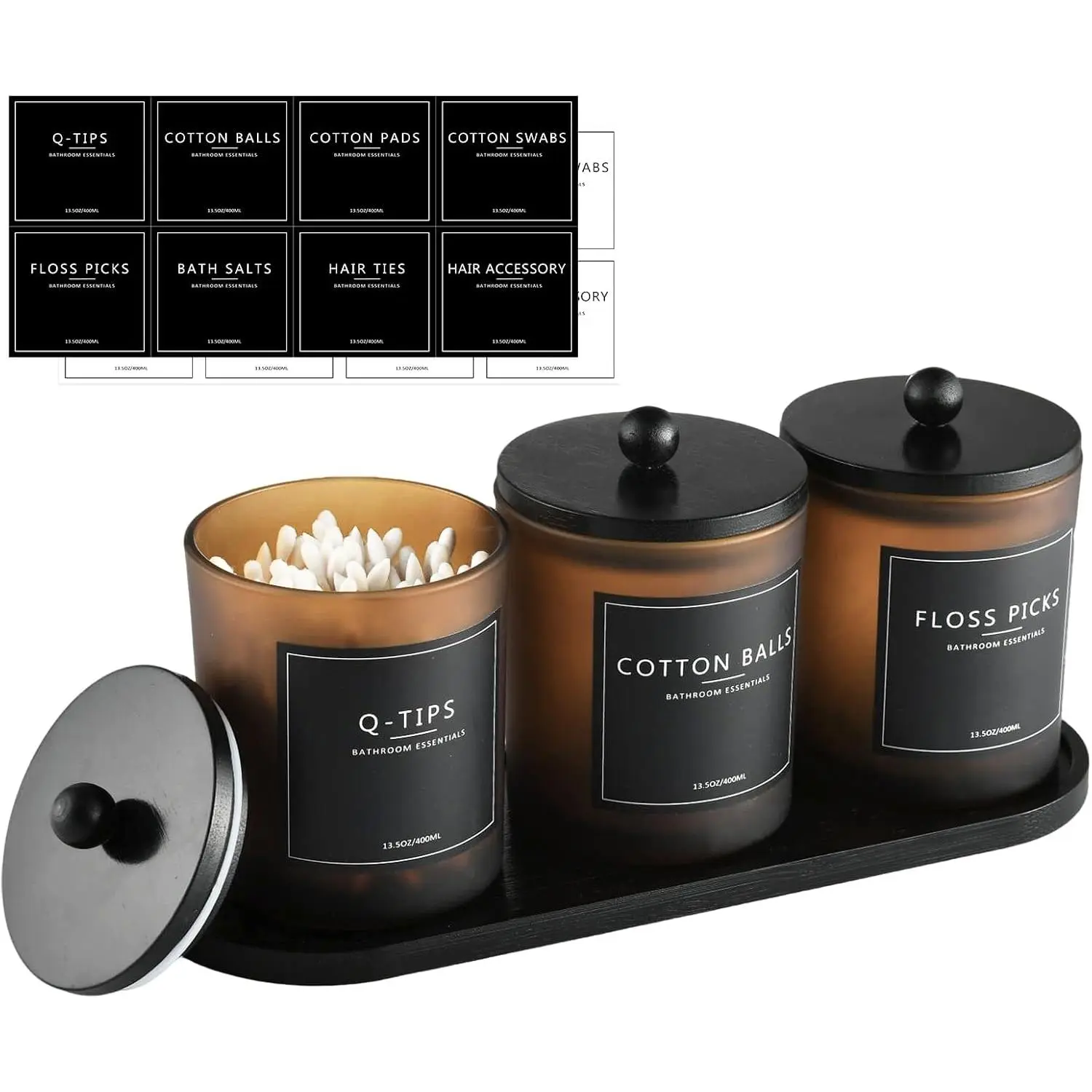 3 Pack Qtip Holder Bathroom Set,Cotton Ball Swab Pad Holder Cotton Round Floss Pick Dispenser with Tray,Glass Apothecary Jars with Lids,Bathroom Organizers and Storage Canisters-Amber