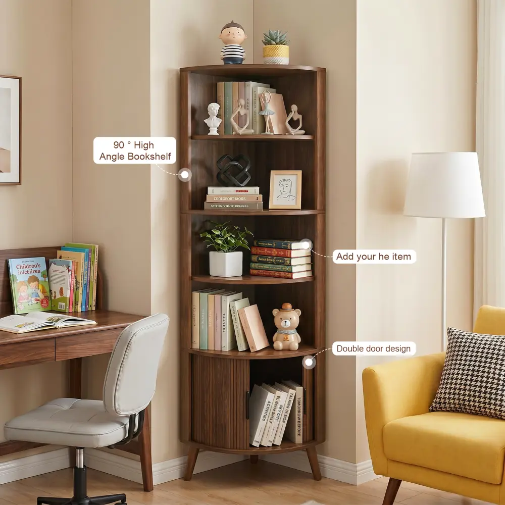 Minimalist 5-Tier Walnut MDF Wood Corner Bookshelf - 90° Angle, 66.73" Tall (16.73"d×23.62"w×66.73"h), Smooth-Gliding Sliding Doors, Open Corner Shelves, Space-Saving Freestanding Storage, Display Cabinet Living Room Office Furniture, Assembly Required