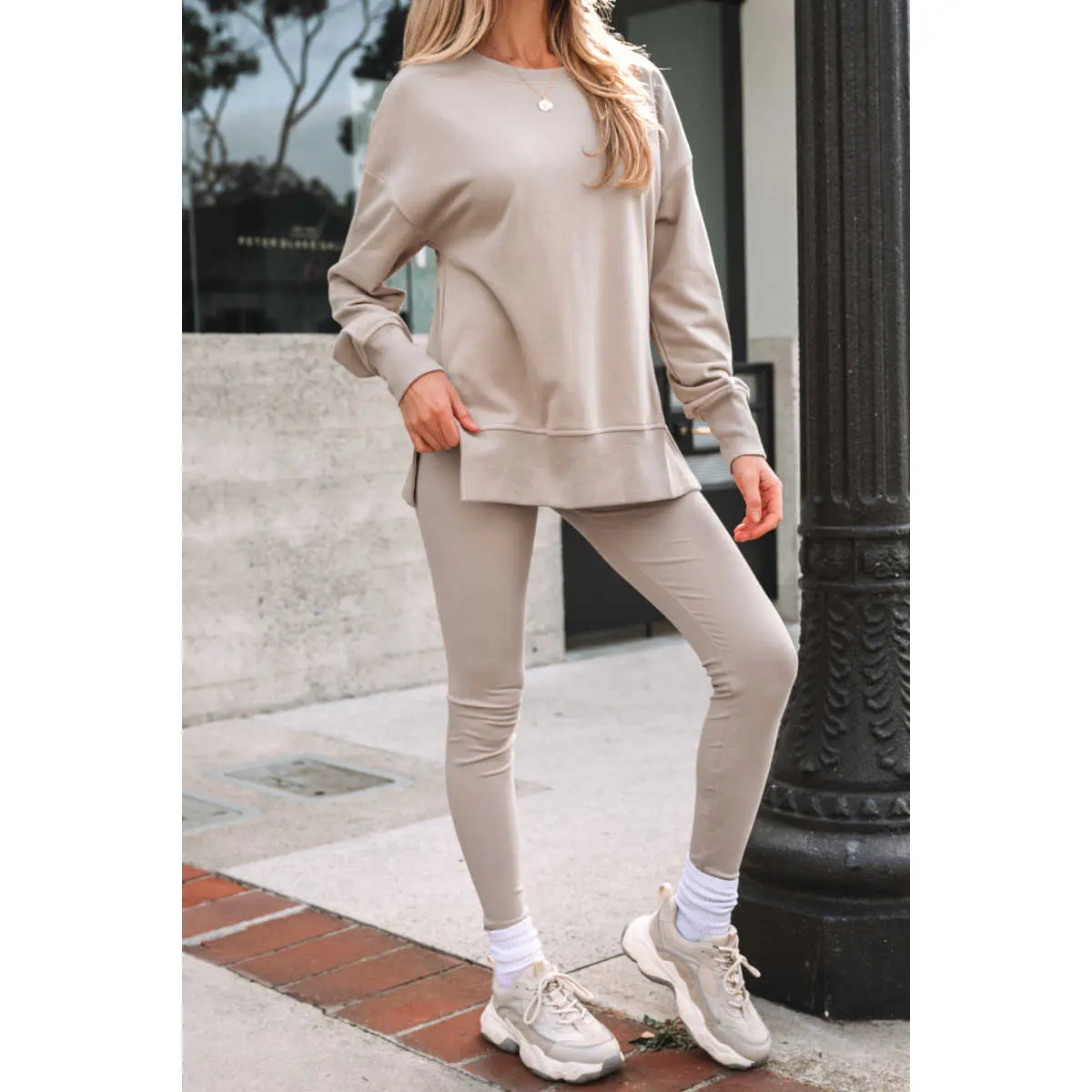 Jet Stream Solid Color Oversize Slit Sweatshirt Ribbed Leggings 2pcs Set