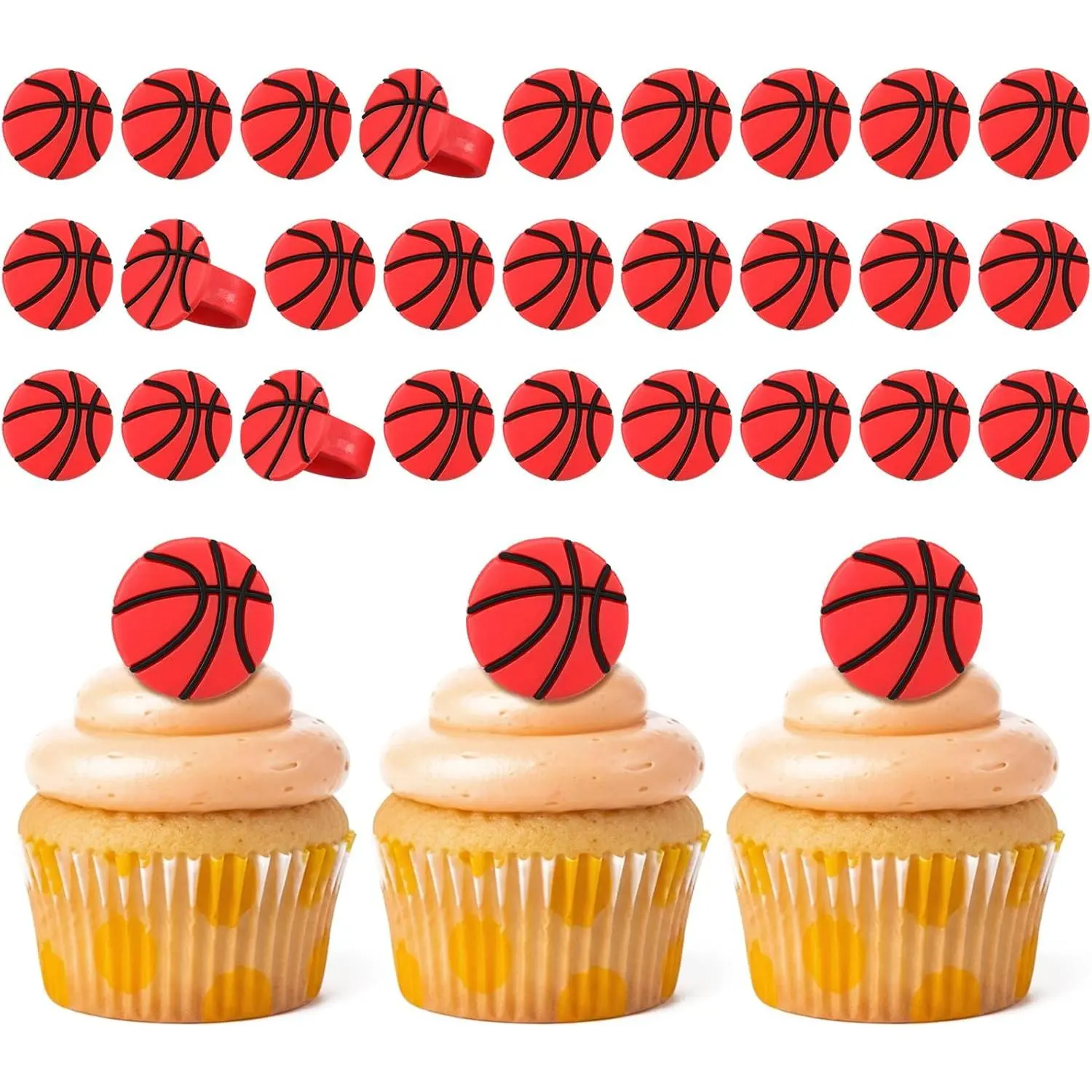 Basketball Cupcake Toppers 48 Pcs – Sport Ball Theme Cake Picks & Ring Décor, Baseball Softball Volleyball Designs, Supplies for Sports Baby Shower & Birthday Party