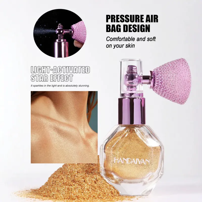 1PC TikTok EU Body Glitter Spray HANDDAIYAN Star Shimmer Highlighter With Soft Air Bag Press Nozzle Fine Sparkle Non Flying Powder Clear Diamond Bottle For Daily Body Brightening Beauty Gift