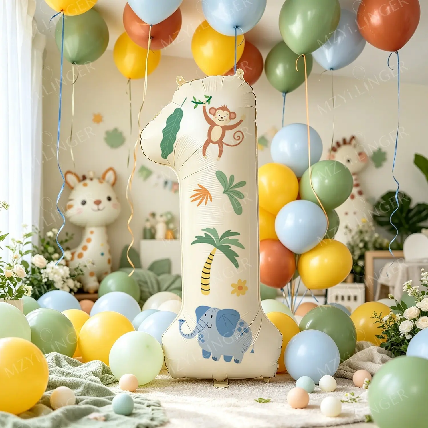 Jungle Wildlife Balloon Birthday Party Decorations, Includes 32-Inch Cream Color Number Foil Balloon, Jungle Animal Sticker, Perfect for Photoshoots