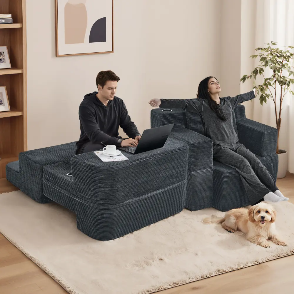 Littleox Multi-Functional Single Compression Sofa - Corduroy Upholstery, Convertible to Computer Desk, Comfortable Seating, Simple Design, Ideal for Office Workers