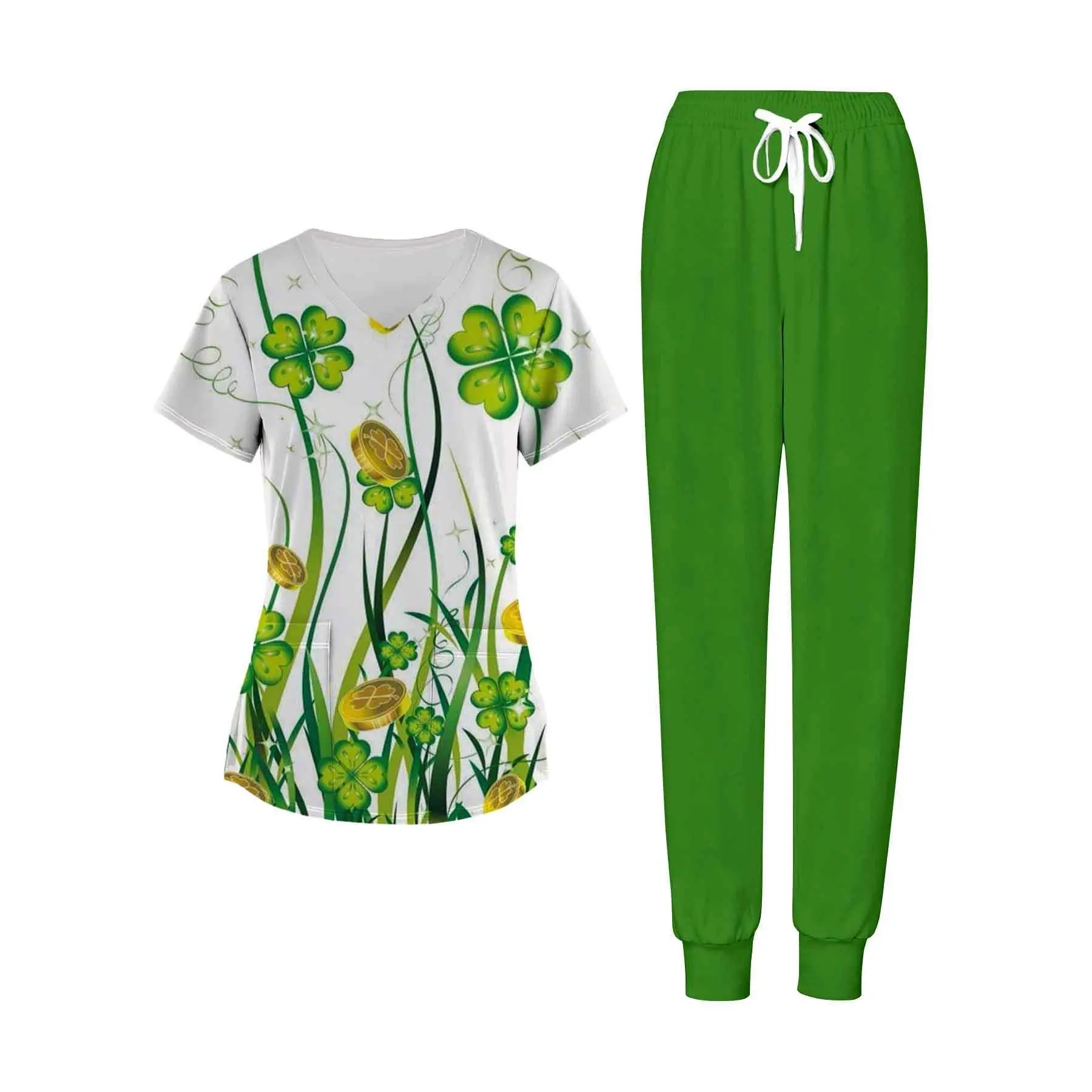 A Two-Piece Outfit for Women Featuring a Design of Green Clovers And Golden Coins, Ideal for St. Patrick'S Day. Crafted from Soft Stretch Material, It Is Perfect for Both Professional And Casual Wear Throughout The Year
