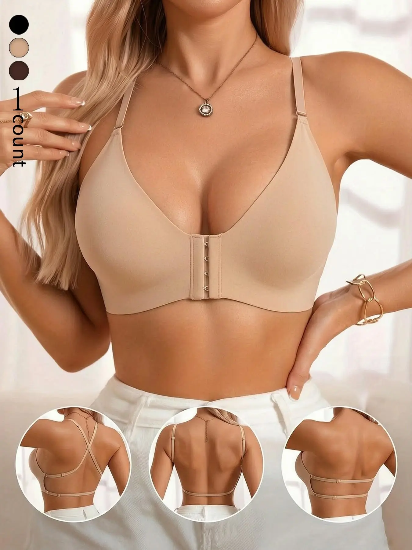 Women's Front Buckle Seamless Backless Bra, Adjustable Straps, Push-Up, 3/4 Coverage, Lingerie Underwear for Weddings and Parties, Daily Wear