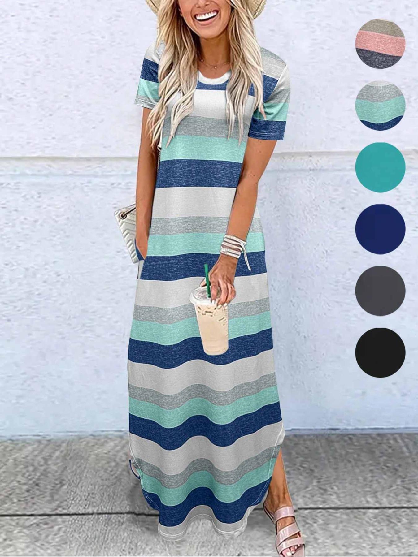 Women's Plain Pocket Round Neck Curved Hem Jersey Tee Dress, Casual Soft Short Sleeve Fit Long Dress for Summer, Ladies Clothes for Daily Wear