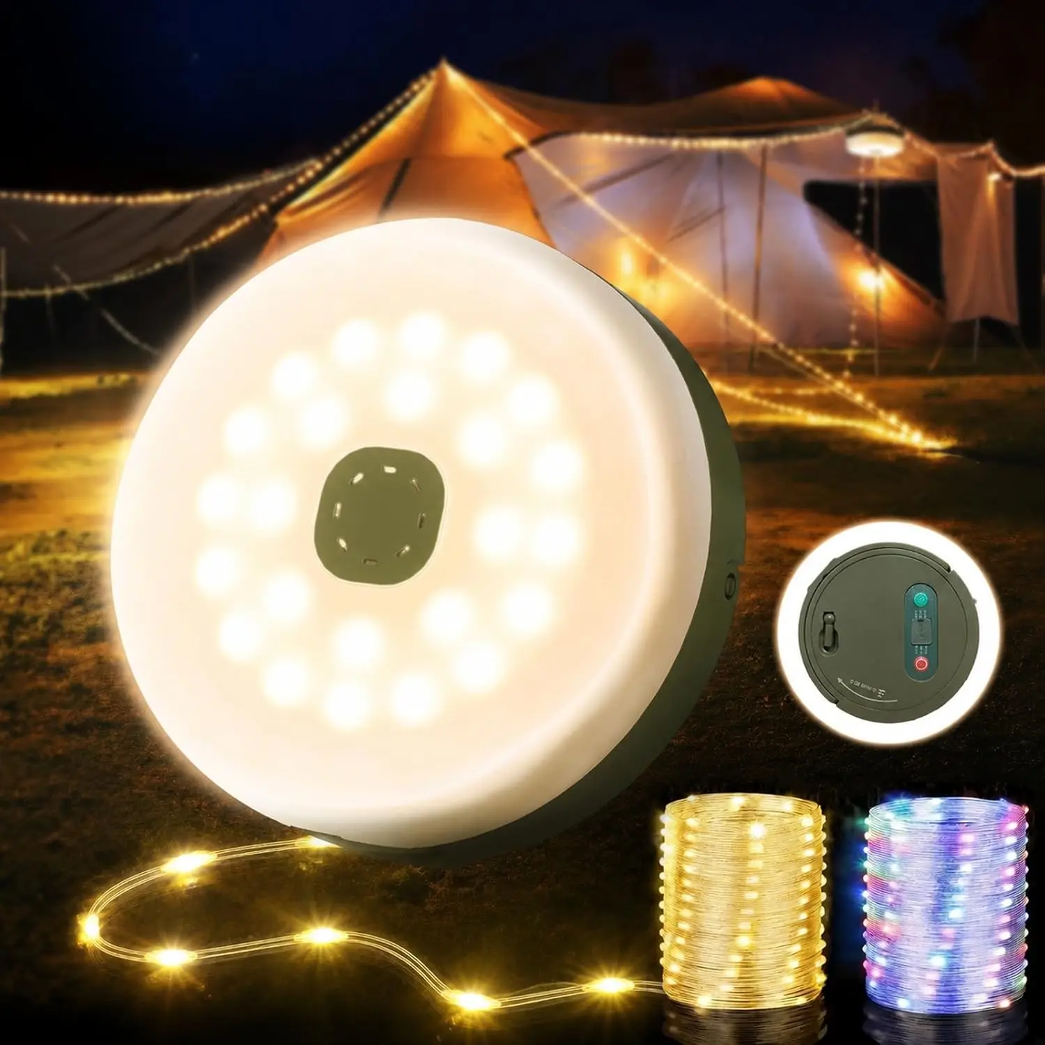 Rechargeable Camping Lantern String Light, 32.8ft 100 LED, 8 Modes, Waterproof, Quick Roll-Up, Ideal for Tent, RV, Patio, Outdoor Gear