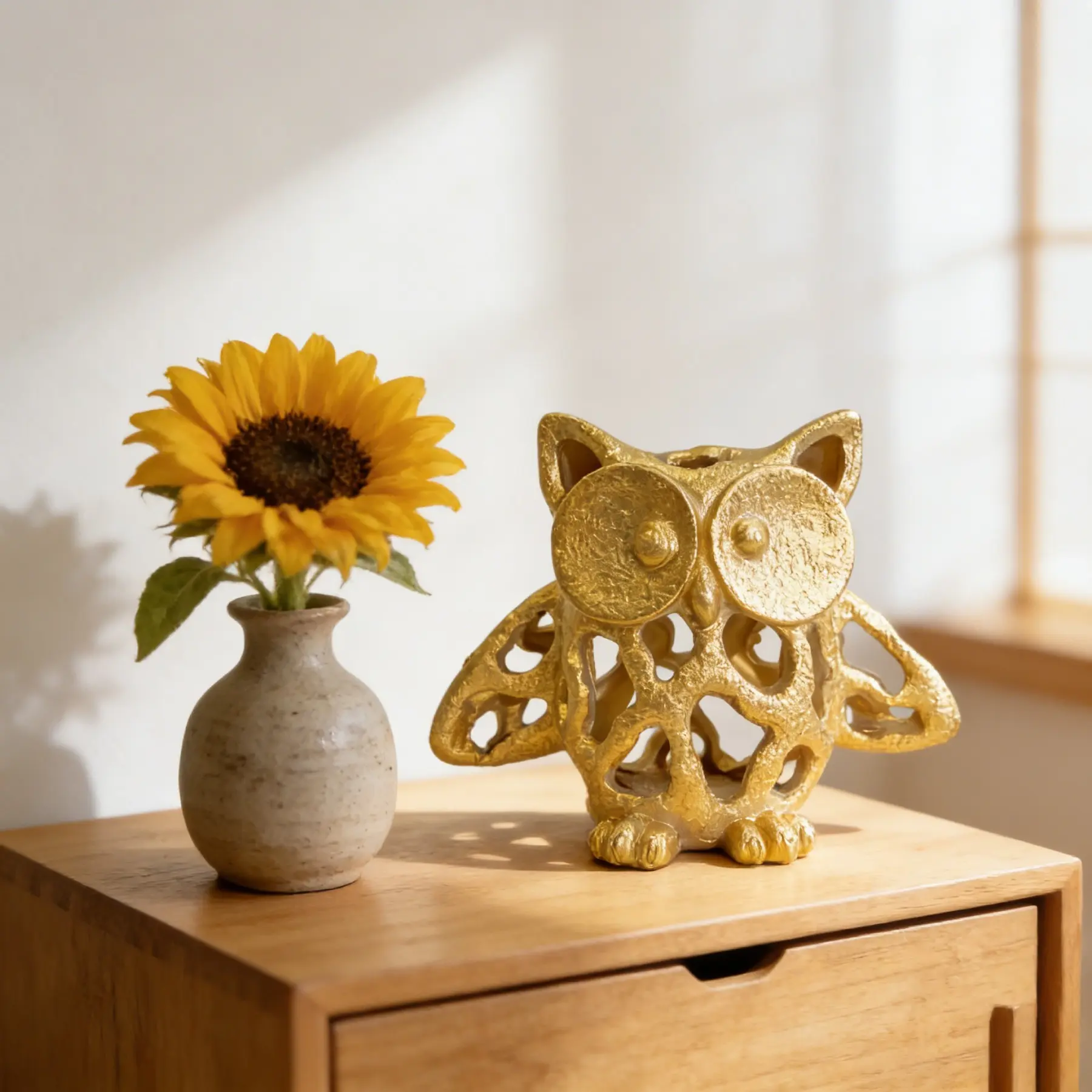 1Pcs Golden Hollow Owl Resin Ornament, Vintage Openwork Cutout Wing Owl Sculpture, Rough Textured Craft Figurine, Bedroom Dresser Display, Elegant Collectible Gift for Owl Lovers