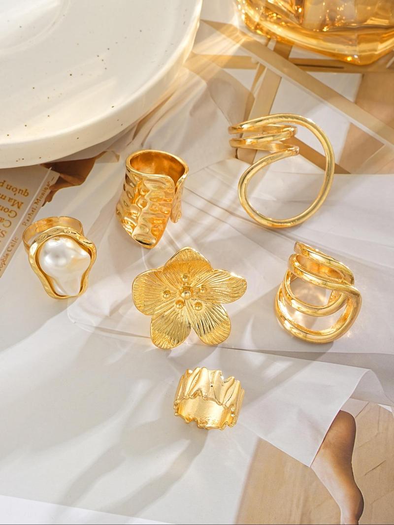 Women's Exaggerated Flower & Geometric Design Cuff Rings, Boho Style Rings, Elegant Exaggerated Stacking Rings, Fashion Jewelry for Party, Daily Clothing Decor, Trendy All-match & Exquisite Jewelry for Birthday Gift