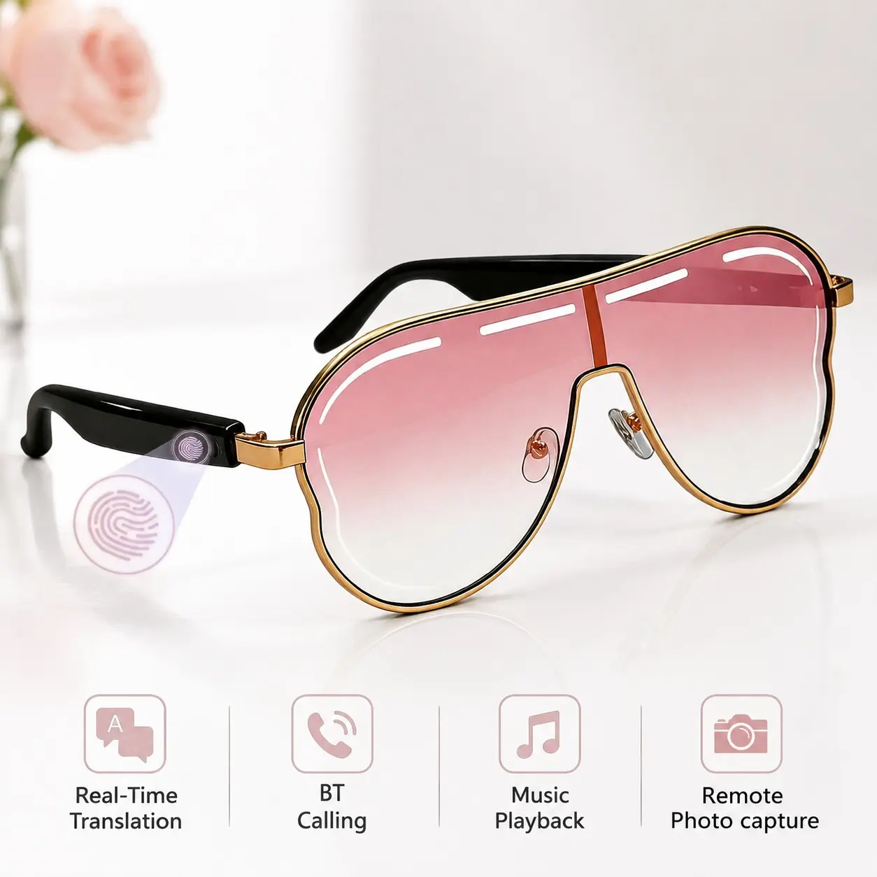 Smart Glasses, AI Translation Smart Glasses with 130+ LanguagesTranslator, Hands-Free Calling，Open-Ear Audio Bluetooth Glasses for Women UV Protection Travel Outdoor Sports Multifunctional Audio Sunglasses