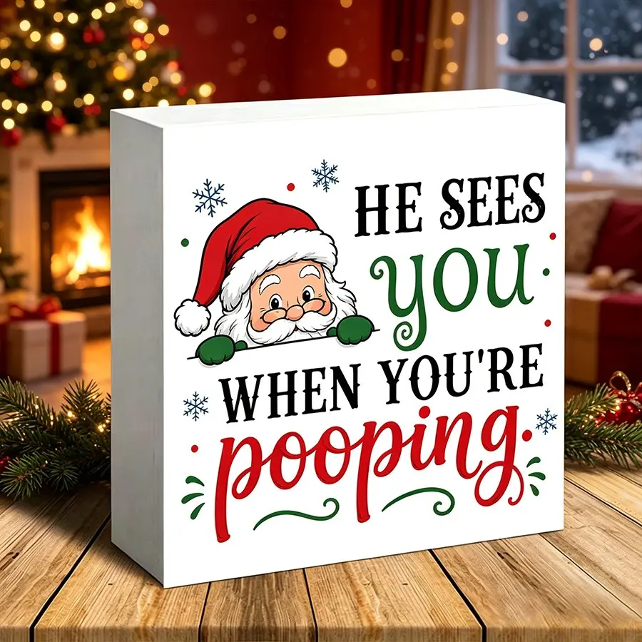 Funny Christmas Bathroom Decor, Santa PVC Block Sign, Hilarious Secret Santa Gag Gift, Tabletop Display for Bathroom Counter, Christmas Decorations